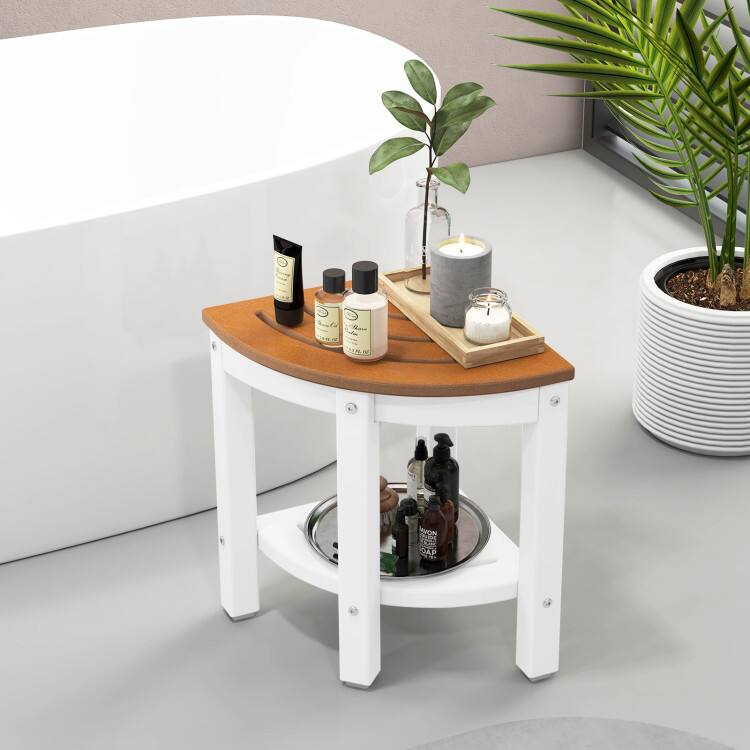 Left. SlickBlue - Heavy Duty Bathroom Corner Stool with Storage Shelf for Shower Use - Brown.