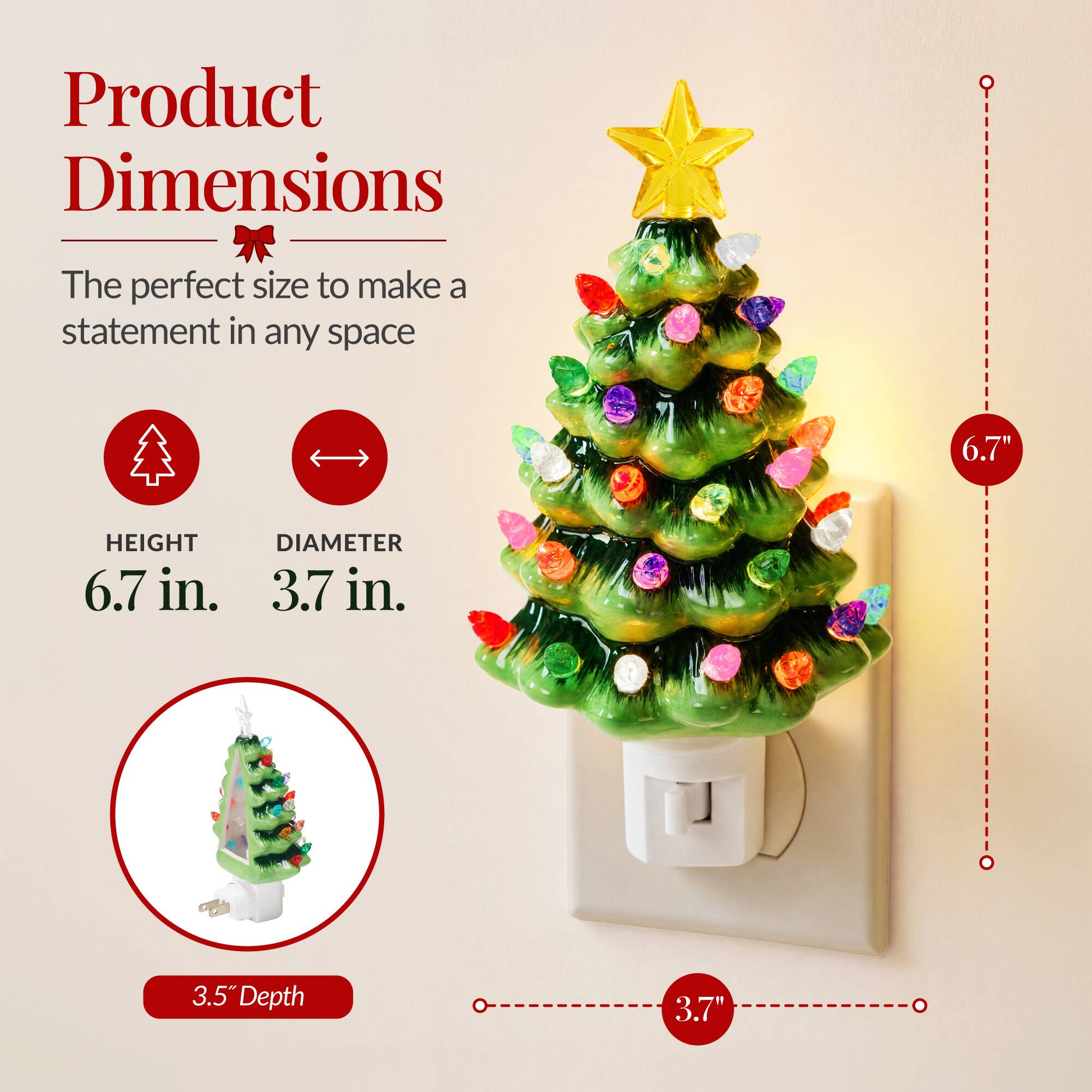 Product Dimensions  
The perfect size to make a statement in any space  

HEIGHT 6.7 in.  
DIAMETER 3.7 in.  
3.5" Depth  
3.7"