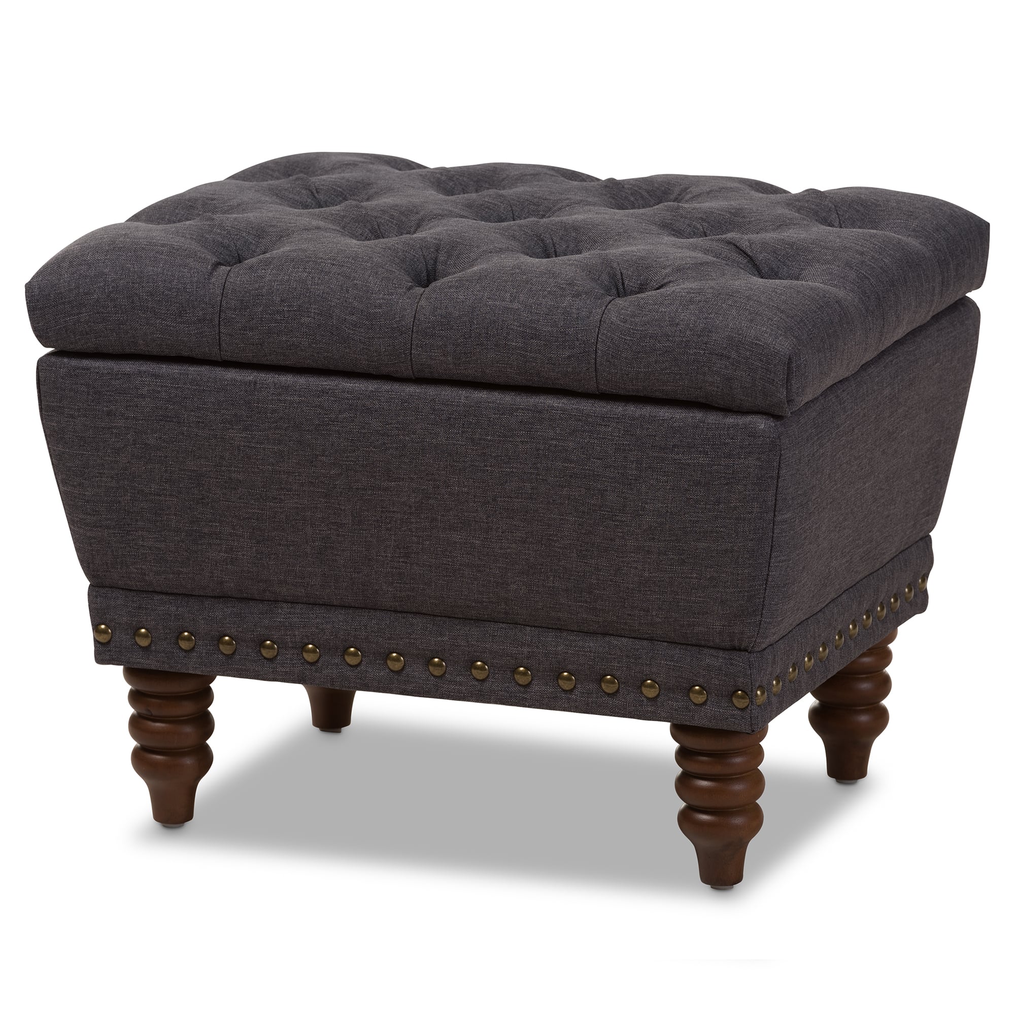 Baxton Studio - Annabelle Modern and Contemporary Fabric Upholstered Walnut Wood Finished Button-Tufted Storage Ottoman - Dark Grey