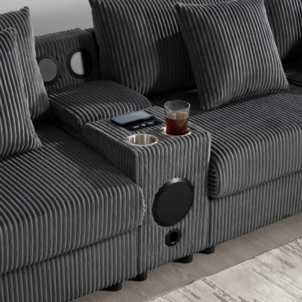 Alt View 5. LUCKY ONE - 141.5" U-Shaped Corduroy Sectional Sofa w/ Bluetooth Speakers Console USB Storage Ottoman - Dark Gray.
