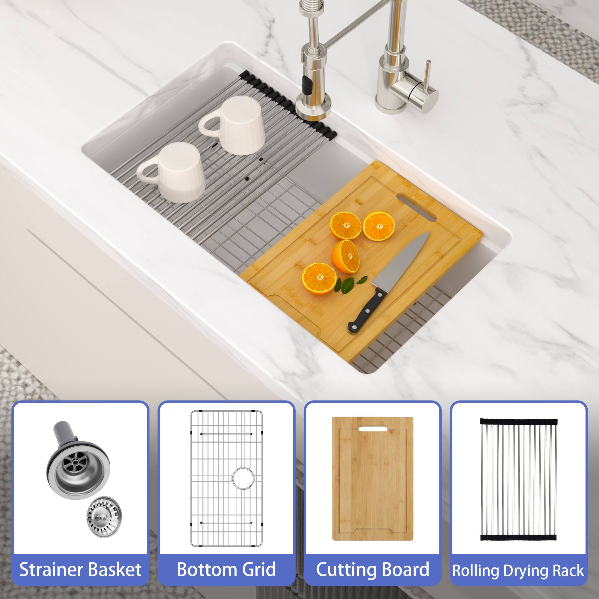 Strainer Basket  
Bottom Grid  
Cutting Board  
Rolling Drying Rack