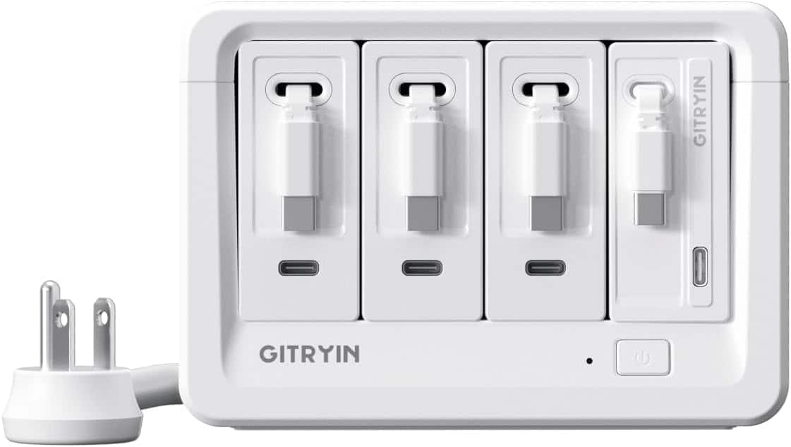 Gitryin - 1 65W, 3 40W Type-C Retractable Wall Chargers and 1 Power Strip, 12-in-1 Desktop Charging Station - White