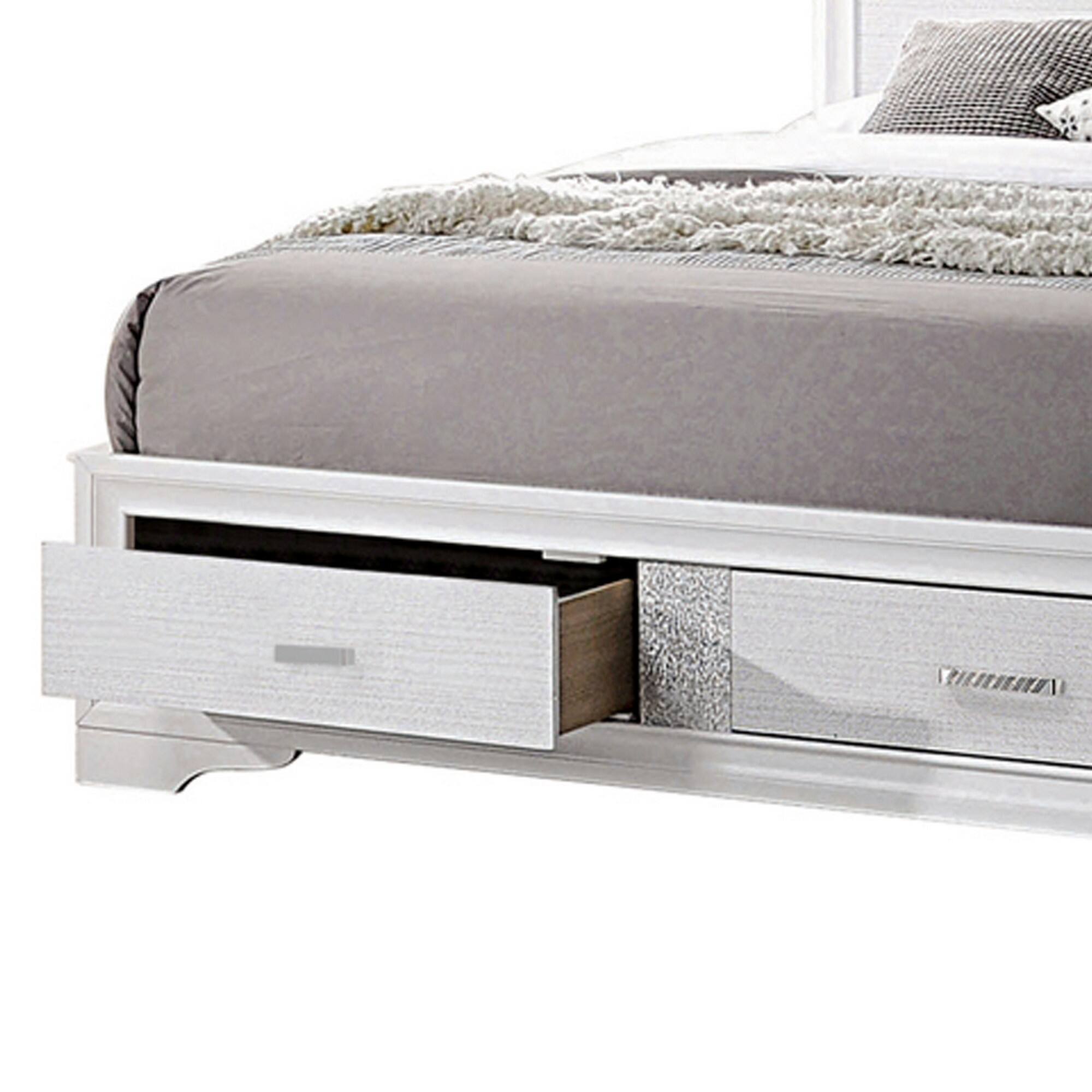 Alt View 3. Manhattan Lane - Contemporary Eastern King Bed with Drawers and Glittering Stripes - White.