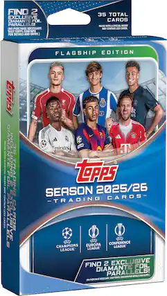 FIND 2 EXCLUSIVE DIAMANTE FOIL CARDS PARALLELS!
35 TOTAL CARDS
PACKS WITH A SPECIAL INSERT
(NO PURCHASE NECESSARY. MAY CONTAIN LESS CARDS. VISIT TOPPS.COM/NPN FOR DETAILS AND ENTRY.)
FLAGSHIP EDITION
SEASON 2025/26
- TRADING CARDS -
CHAMPIONS LEAGUE
EUROPA LEAGUE
CONFERENCE LEAGUE
FIND 2 EXCLUSIVE DIAMANTE FOIL PARALLELS!
(NO PURCHASE NECESSARY. VISIT TOPPS.COM/NPN FOR DETAILS AND ENTRY.)
