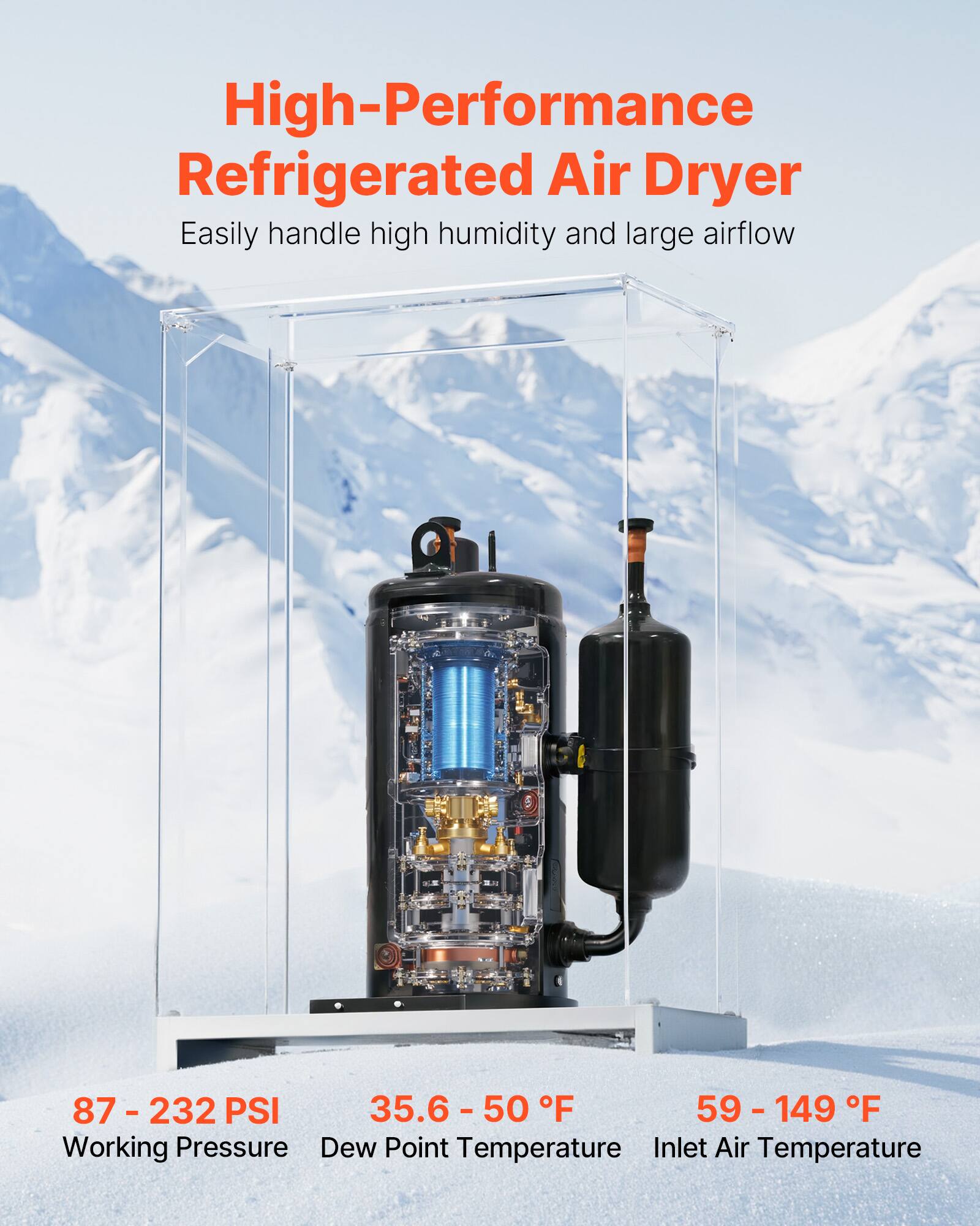 High-Performance Refrigerated Air Dryer  
Easily handle high humidity and large airflow  

87 - 232 PSI  
Working Pressure  

35.6 - 50°F  
Dew Point Temperature  

59 - 149°F  
Inlet Air Temperature