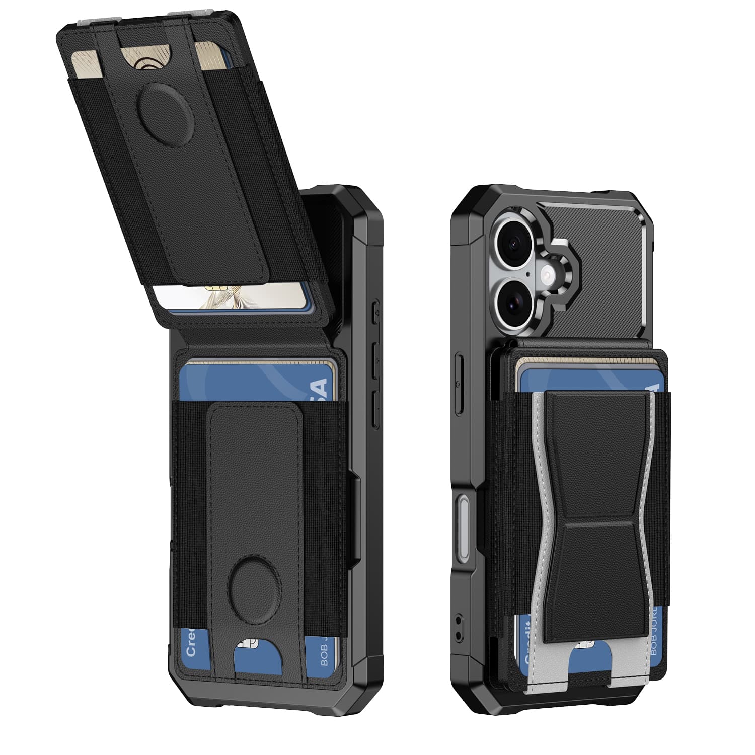Dteck - Rugged Wallet Case for Apple iPhone 17, Shockproof Protective Cover with Elastic Card Holder and Kickstand - Black