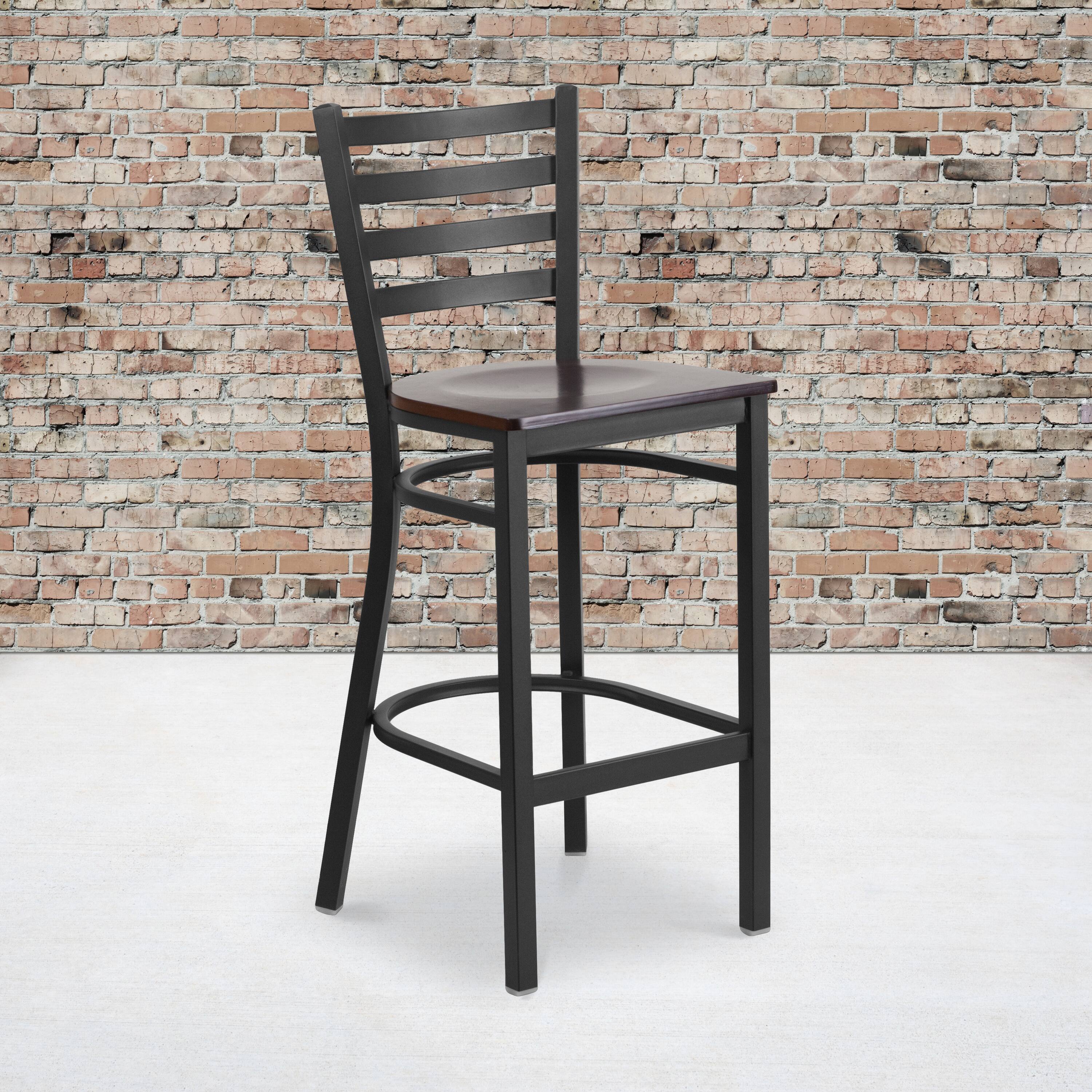 Alt View 2. Emma + Oliver - 2 Pack Ladder Back Metal Restaurant Barstool - Walnut Wood Seat/Black Metal Frame.