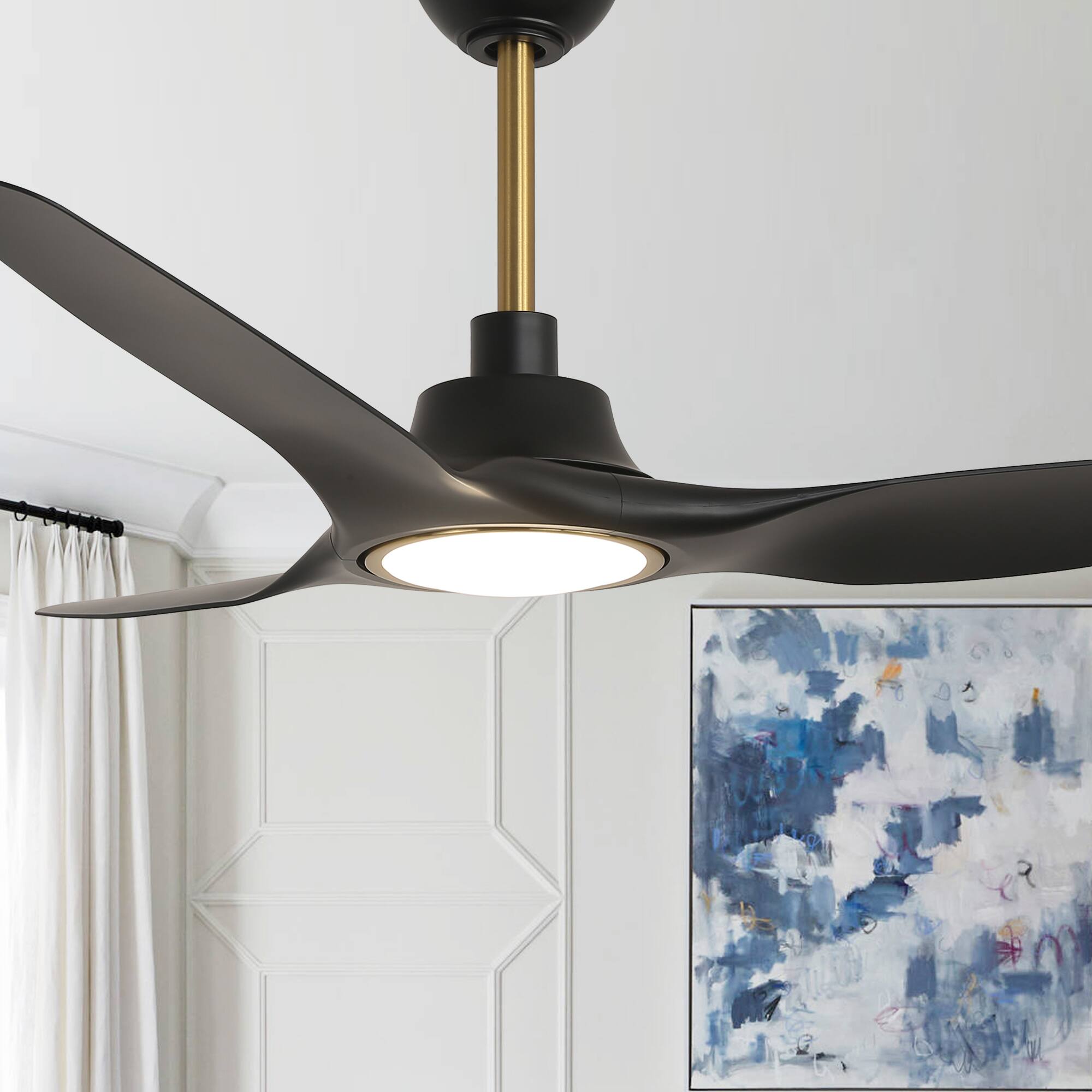 Angle. Parrot Uncle - 52" Modern Black Dimmable Propeller Smart Ceiling Fan with Light and Remote, App Control, Voice Control - Black.