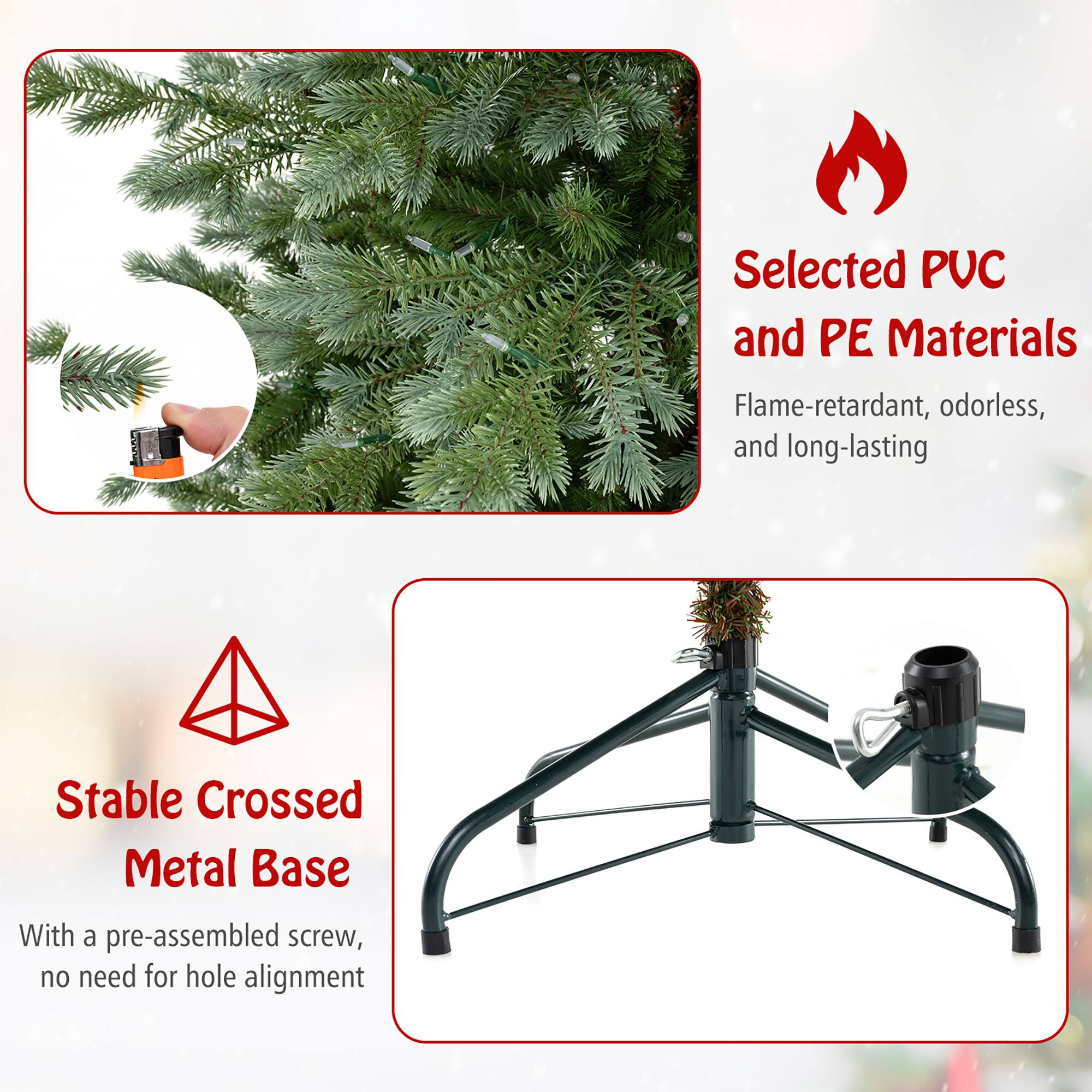 Selected PVC and PE Materials  
Flame-retardant, odorless, and long-lasting  

Stable Crossed Metal Base  
With a pre-assembled screw, no need for hole alignment