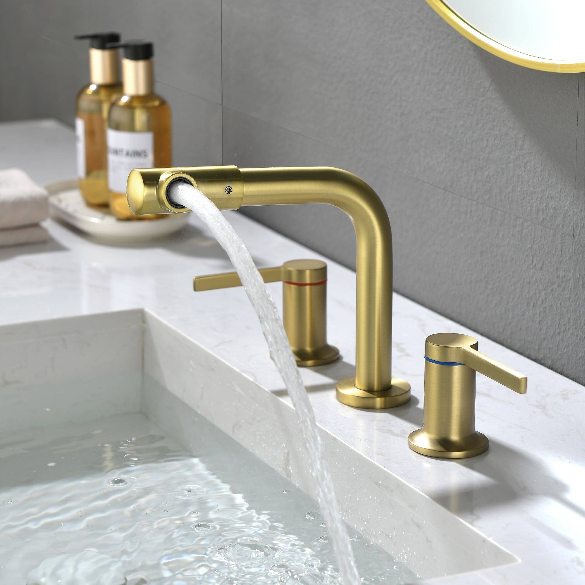 Left. Boyel Living - 8 in Widespread Double Handle 360 Degree Swivel Spout Bathroom Faucet with Quick Connect Hose in Brushed Gold - Brushed Gold.