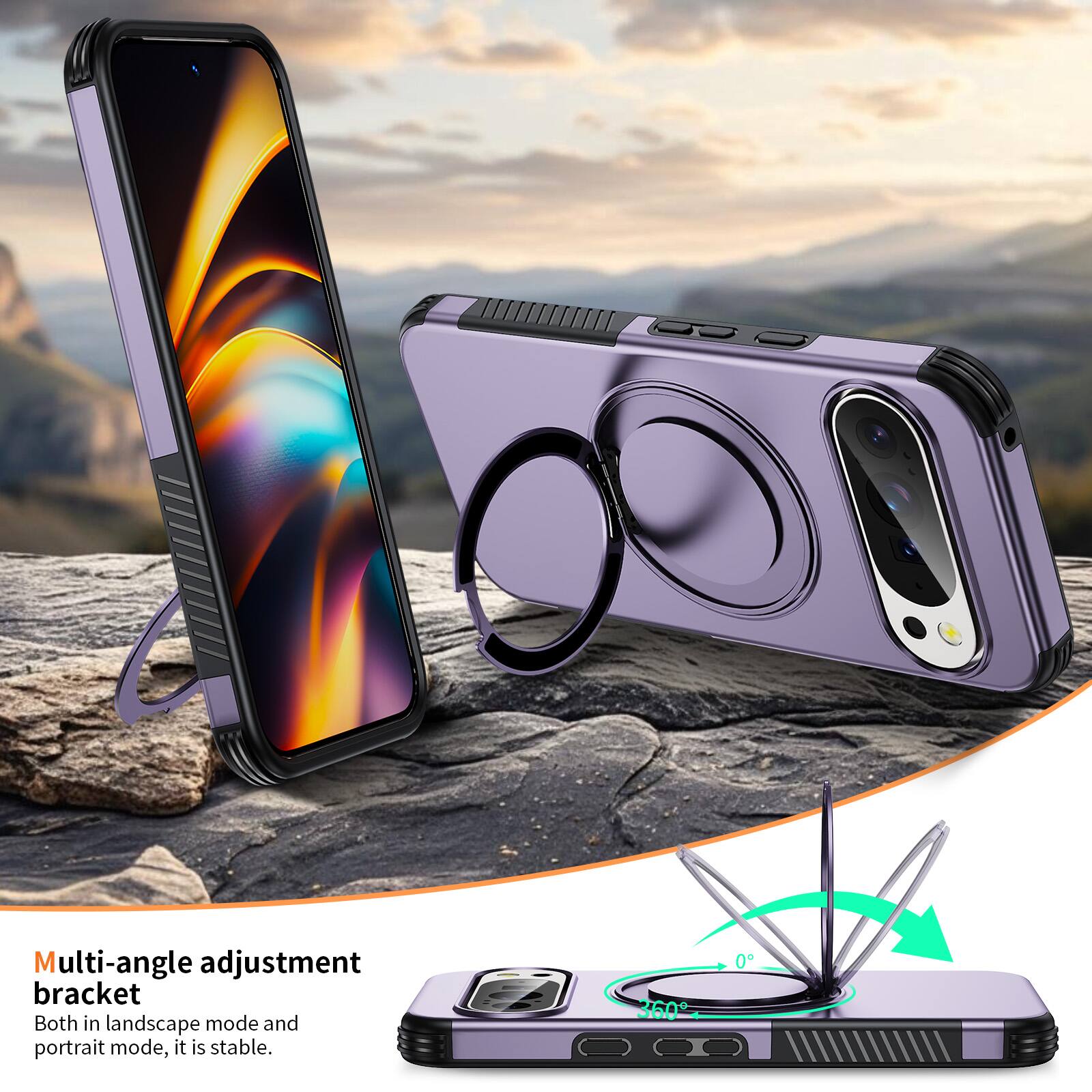 Multi-angle adjustment bracket  
Both in landscape mode and portrait mode, it is stable.  
360°