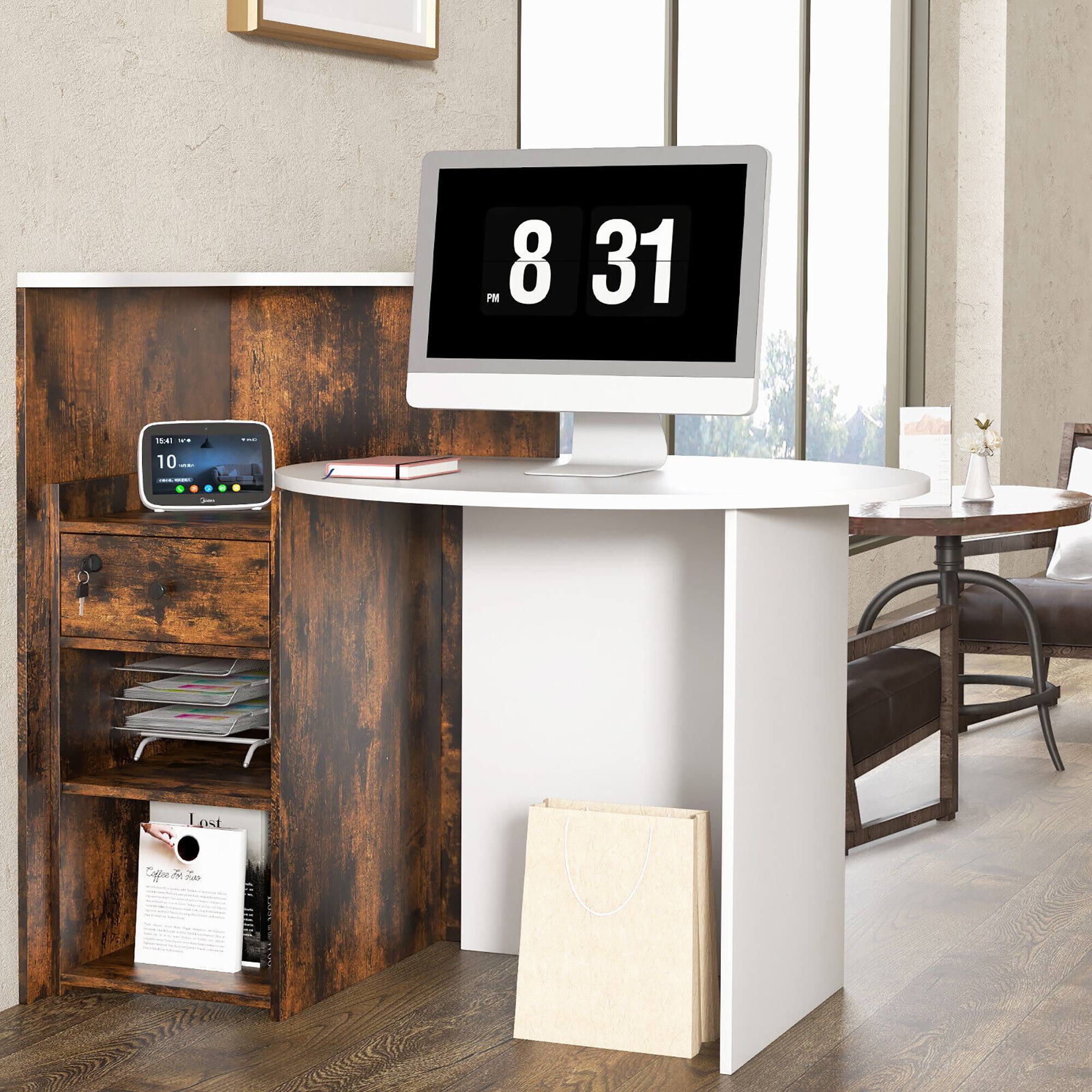The image shows a desk with a computer monitor, a clock, and a book. The clock displays the time as 8:31. The desk is situated next to a window, providing a view of the outside. The overall scene suggests a cozy and functional workspace.