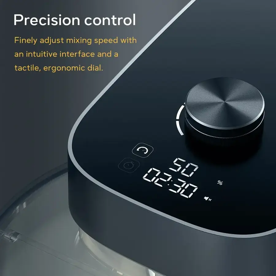 Precision control: Finely adjust mixing speed with an intuitive interface and a tactile, ergonomic dial. C 50 02:30 % x x