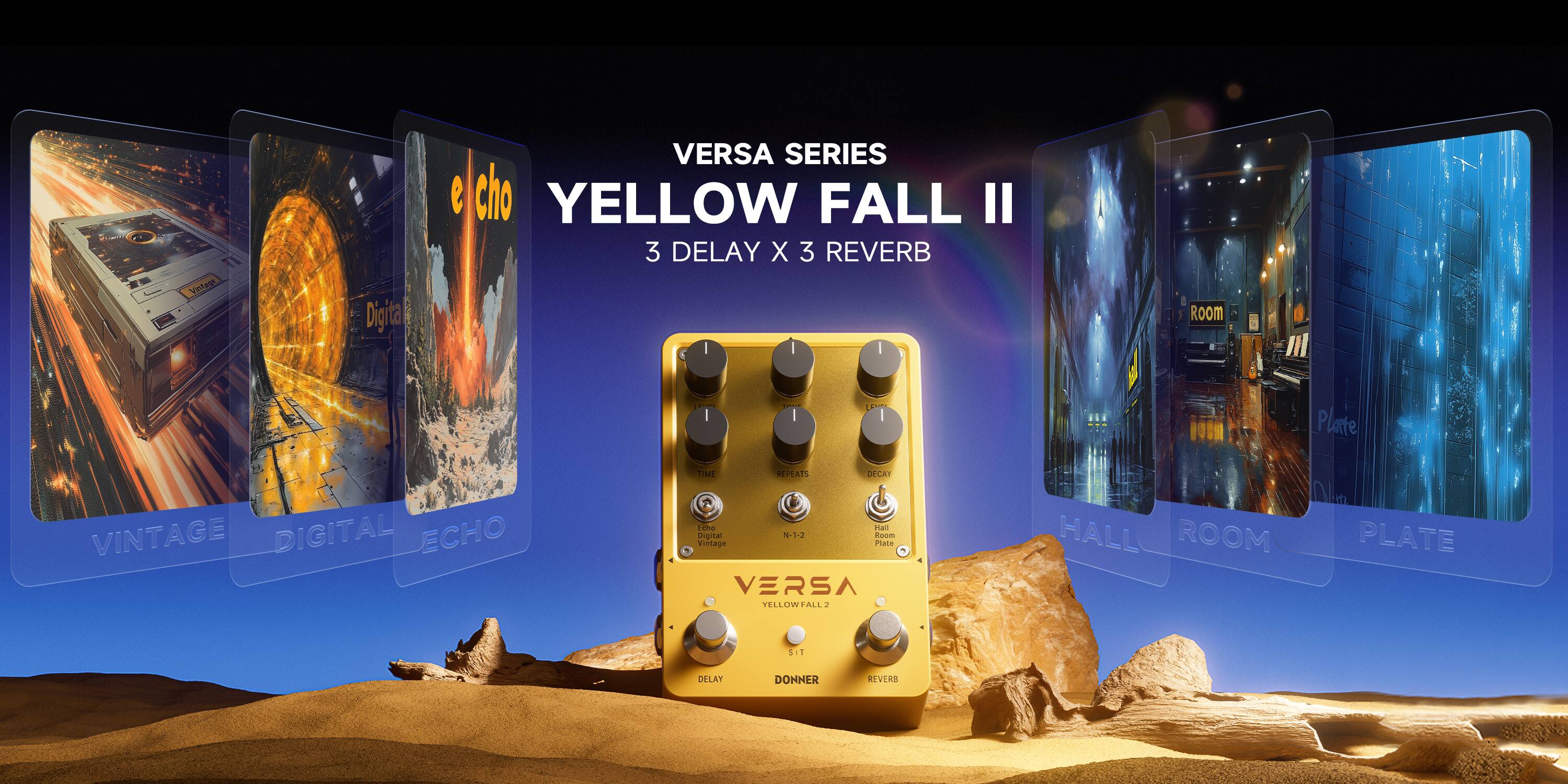 Vintage Digital Echo, Versa Series, Yellow Fall II, 3 Delay x 3 Reverb, Room, Plate, Vintage, Digital, Echo, Time, Repeat, Decay, Digital, N, 1, 2, Vintage, Plate, Versa, Telowtall, Dl, Hall, Room, Plate, Sit, 1, Delat, Donner, Revers
