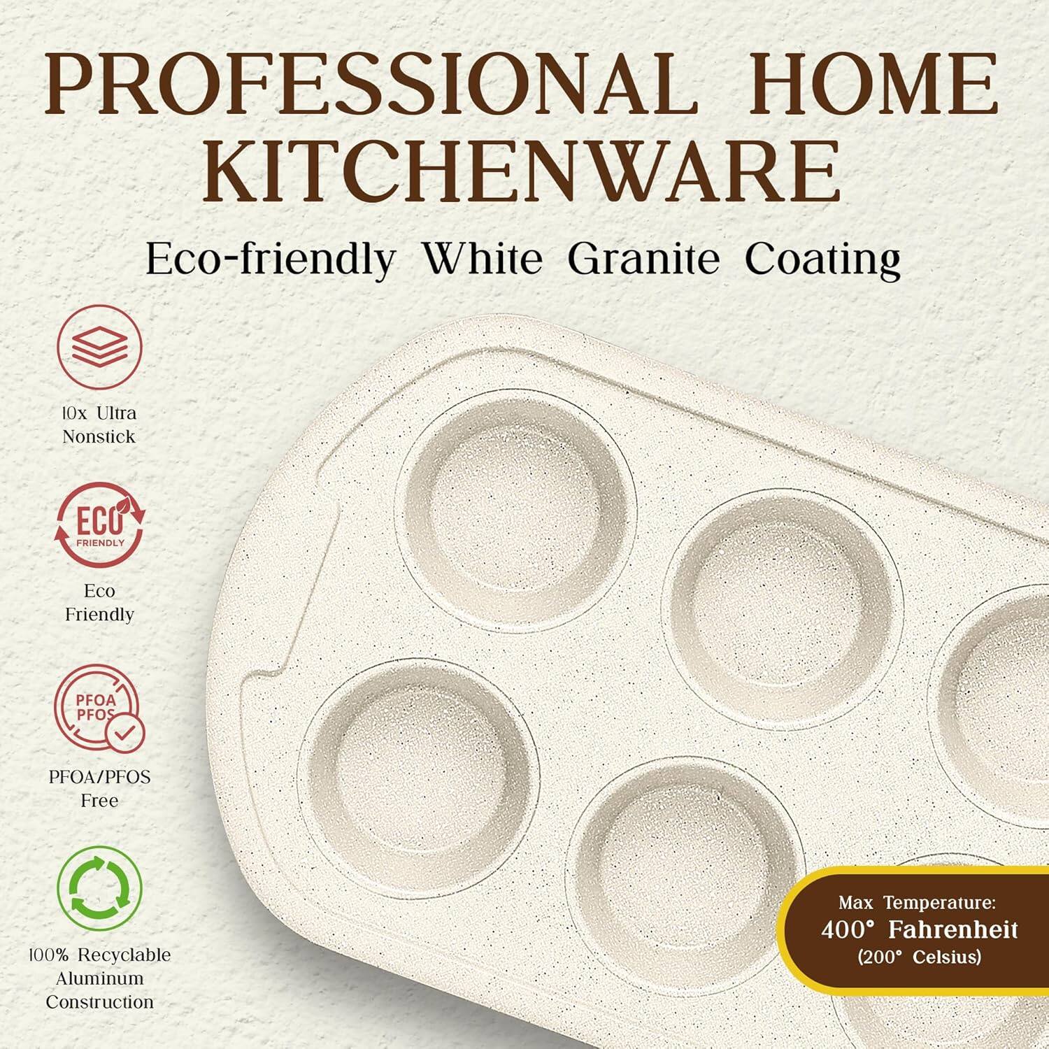 PROFESSIONAL HOME KITCHENWARE

Eco-friendly White Granite Coating

- 10x Ultra Nonstick
- Eco Friendly
- PFOA/PFOS Free
- 100% Recyclable Aluminum Construction
- Max Temperature: 400° Fahrenheit (200° Celsius)