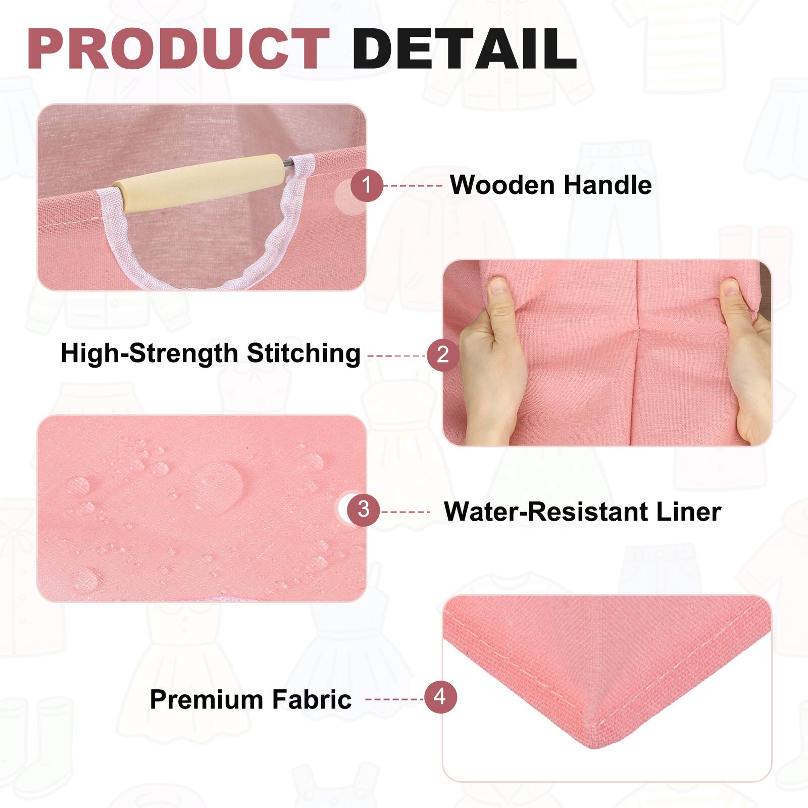 PRODUCT DETAIL
1. Wooden Handle
2. High-Strength Stitching
3. Water-Resistant Liner
4. Premium Fabric