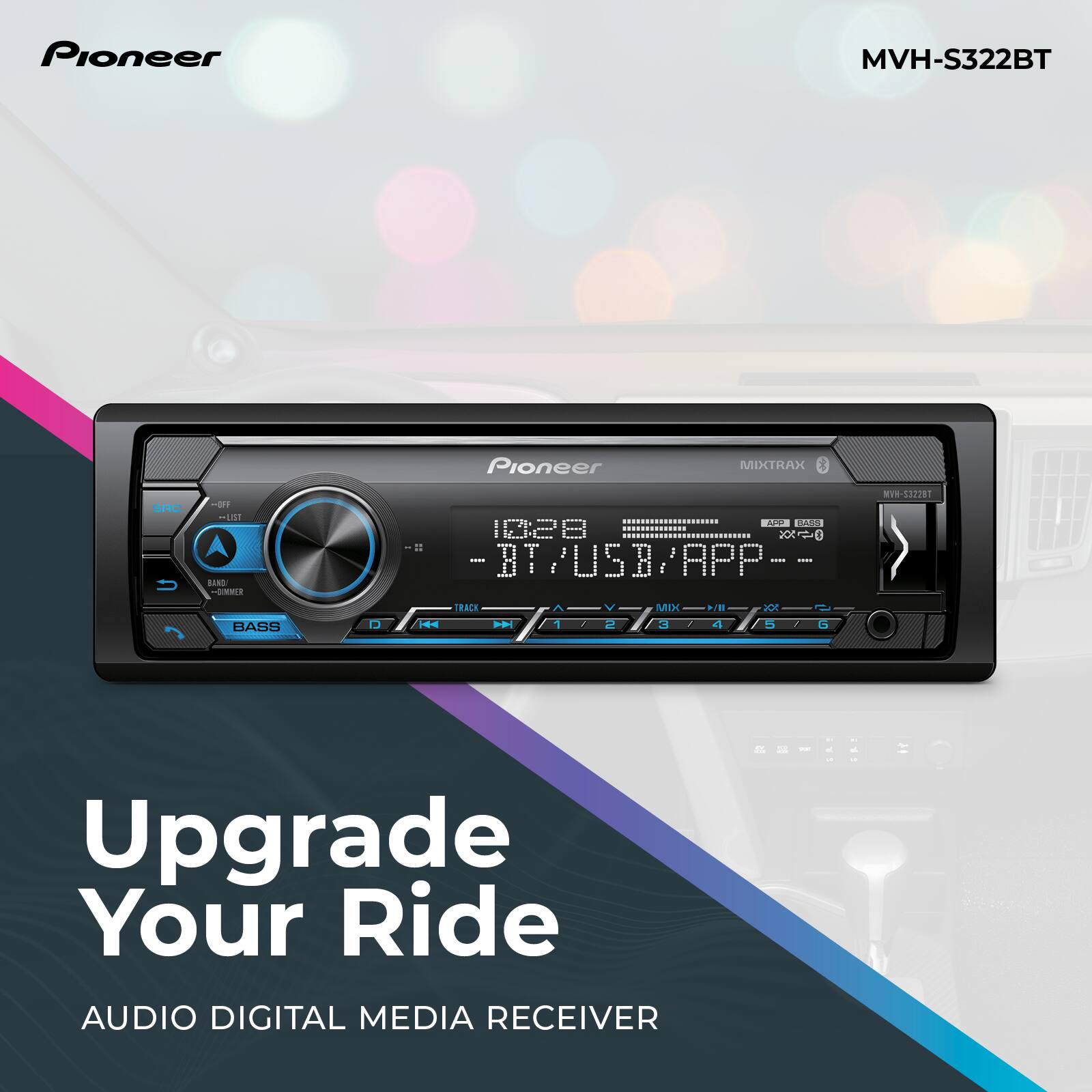 Pioneer MVH-S322BT is an audio digital media receiver that offers a variety of features such as Pioneer MIXTRAX, NNC, USB, and Bluetooth connectivity. The device also has a built-in clock and can be controlled using a smartphone app. The advertisement suggests upgrading your ride with this Pioneer MVH-S322BT audio digital media receiver.