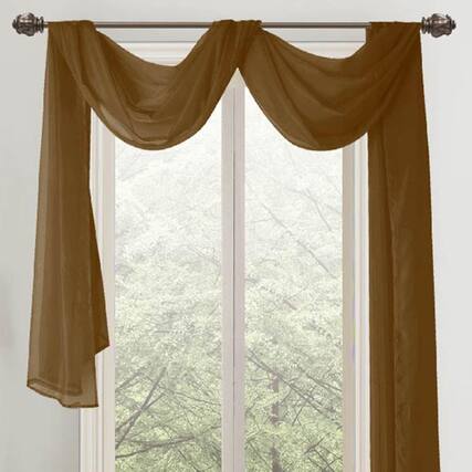 Front. RT Designers Collection - Celine 55 x 216 in. Coffee Sheer Curtain Scarf Valance for Elegant Window Treatments - Coffee.