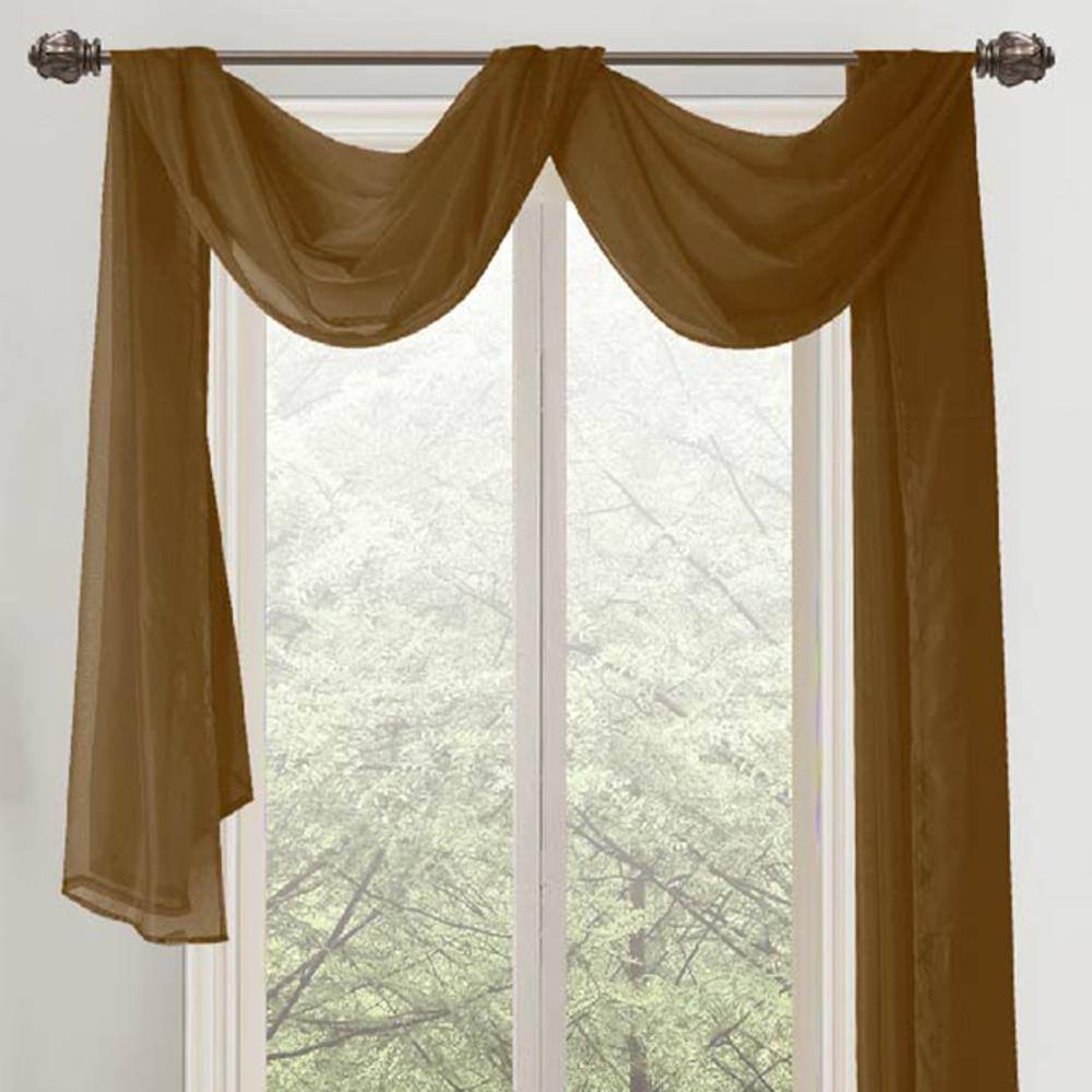 Front. RT Designers Collection - Celine 55 x 216 in. Coffee Sheer Curtain Scarf Valance for Elegant Window Treatments - Coffee.
