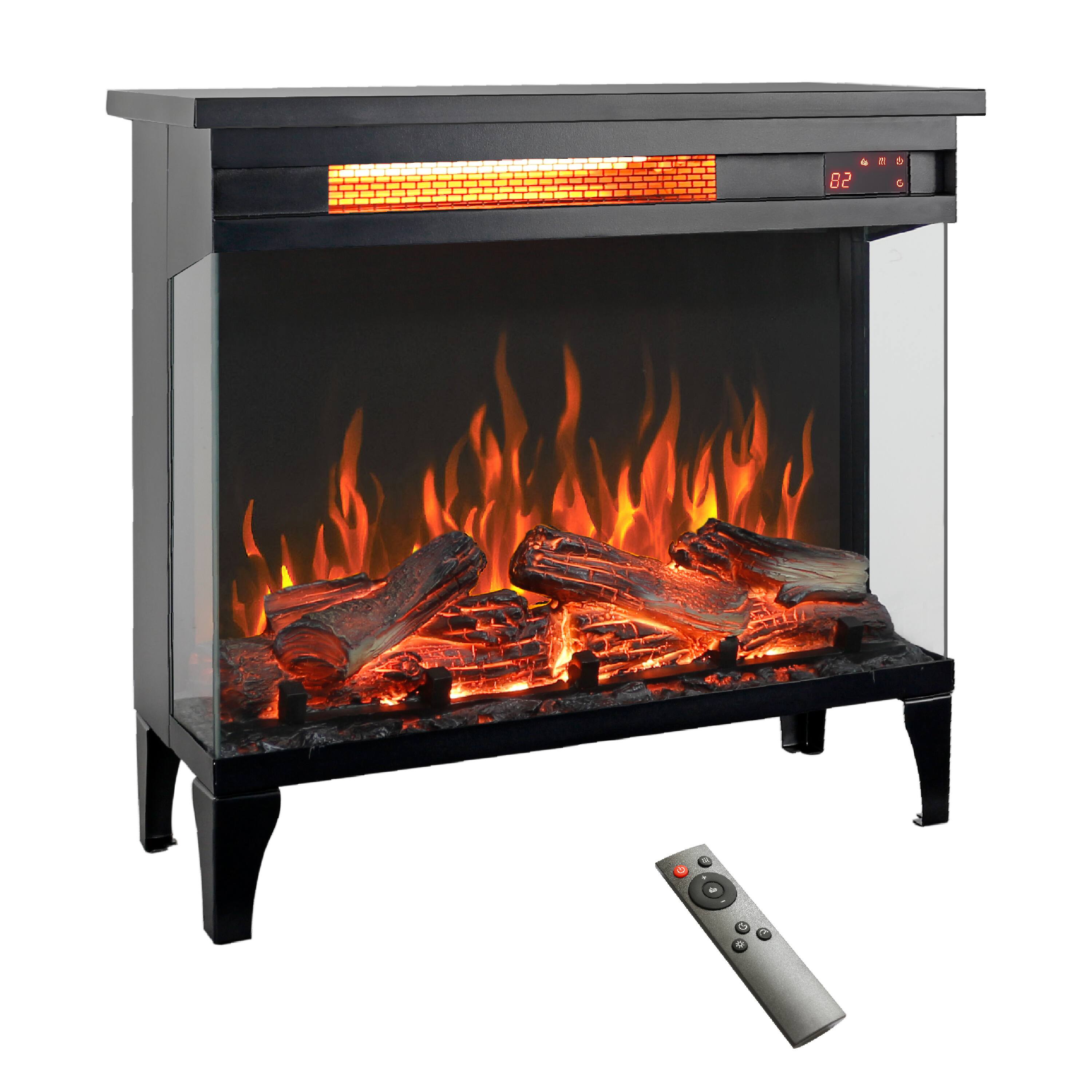 Ecooso - 24" 3-Sided Glass Electric Fireplace Heater with Freestanding Design - Black