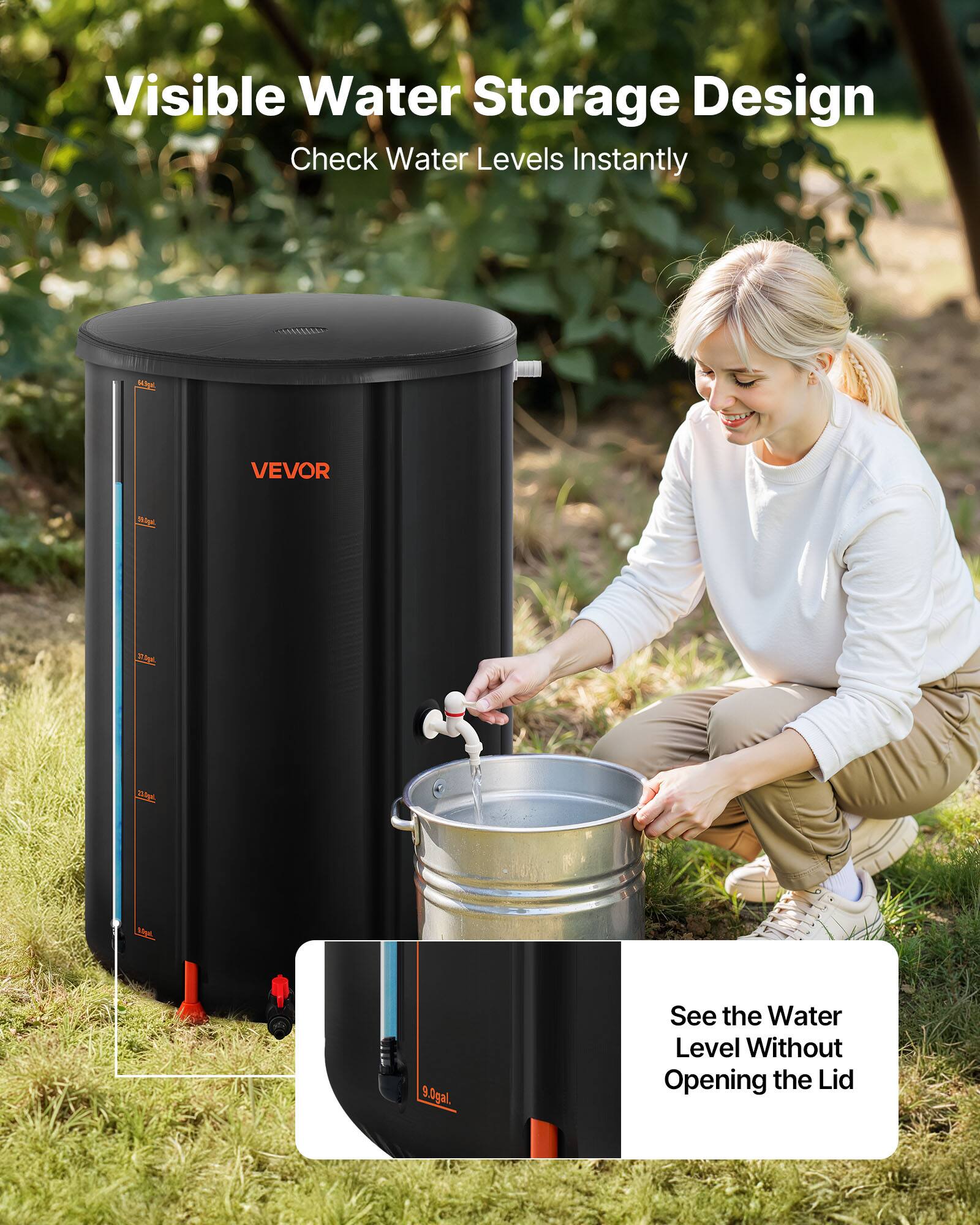 Visible Water Storage Design  
Check Water Levels Instantly  

VEVOR  
15 9.0gal.  

See the Water Level Without Opening the Lid