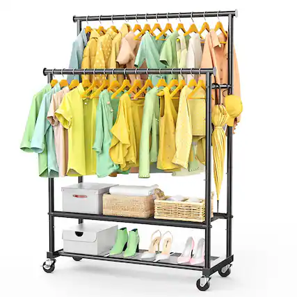 Front. Hirose Alice - Heavy Duty Clothes Rack with Oxford Bottom Shelf and Mesh Bottom Shelf Freestanding Garment Racks with - Default.