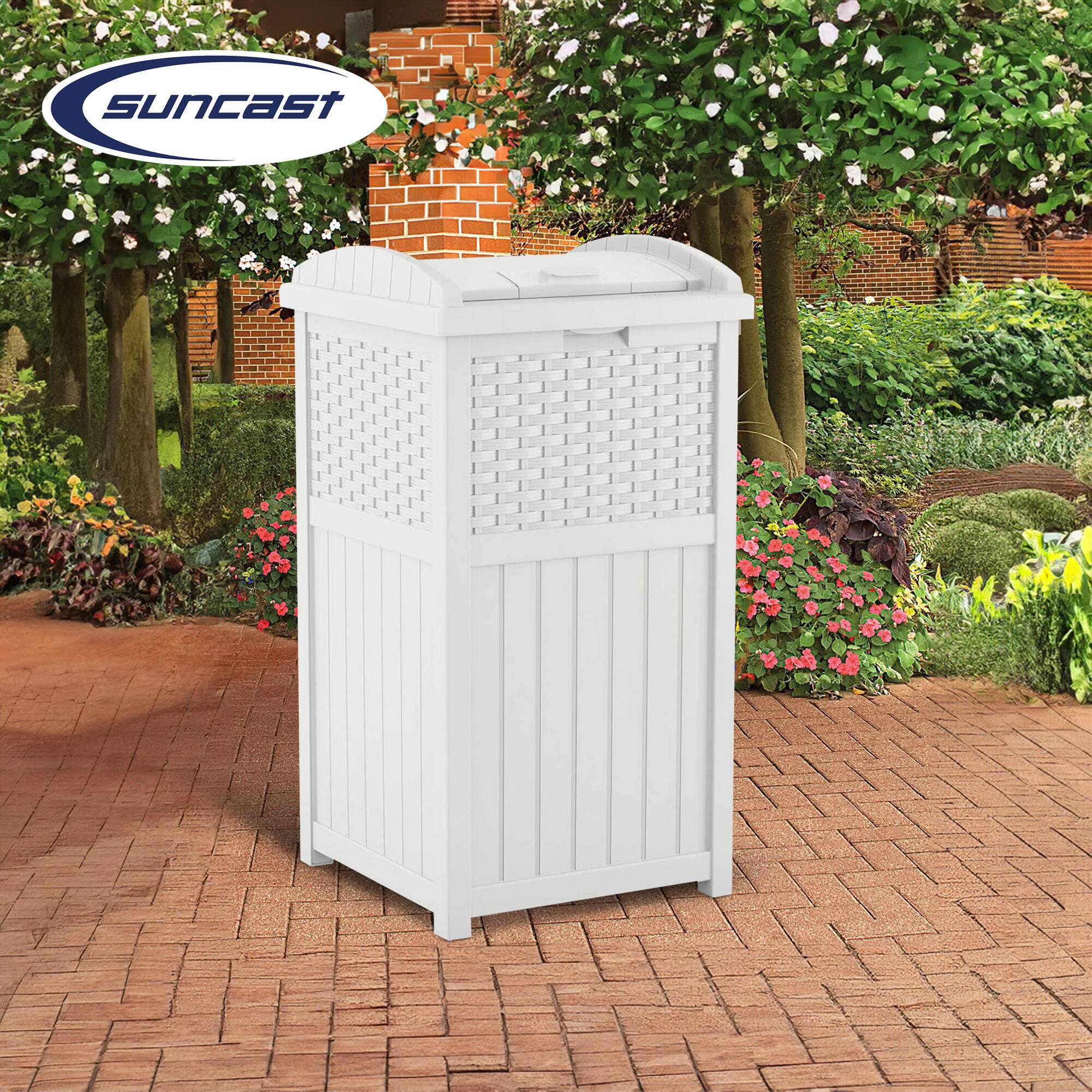 Alt View 2. Suncast - Suncast Wicker Resin Outdoor Hideaway Trash Can Bin with Latching Lid (2 Pack) - White.