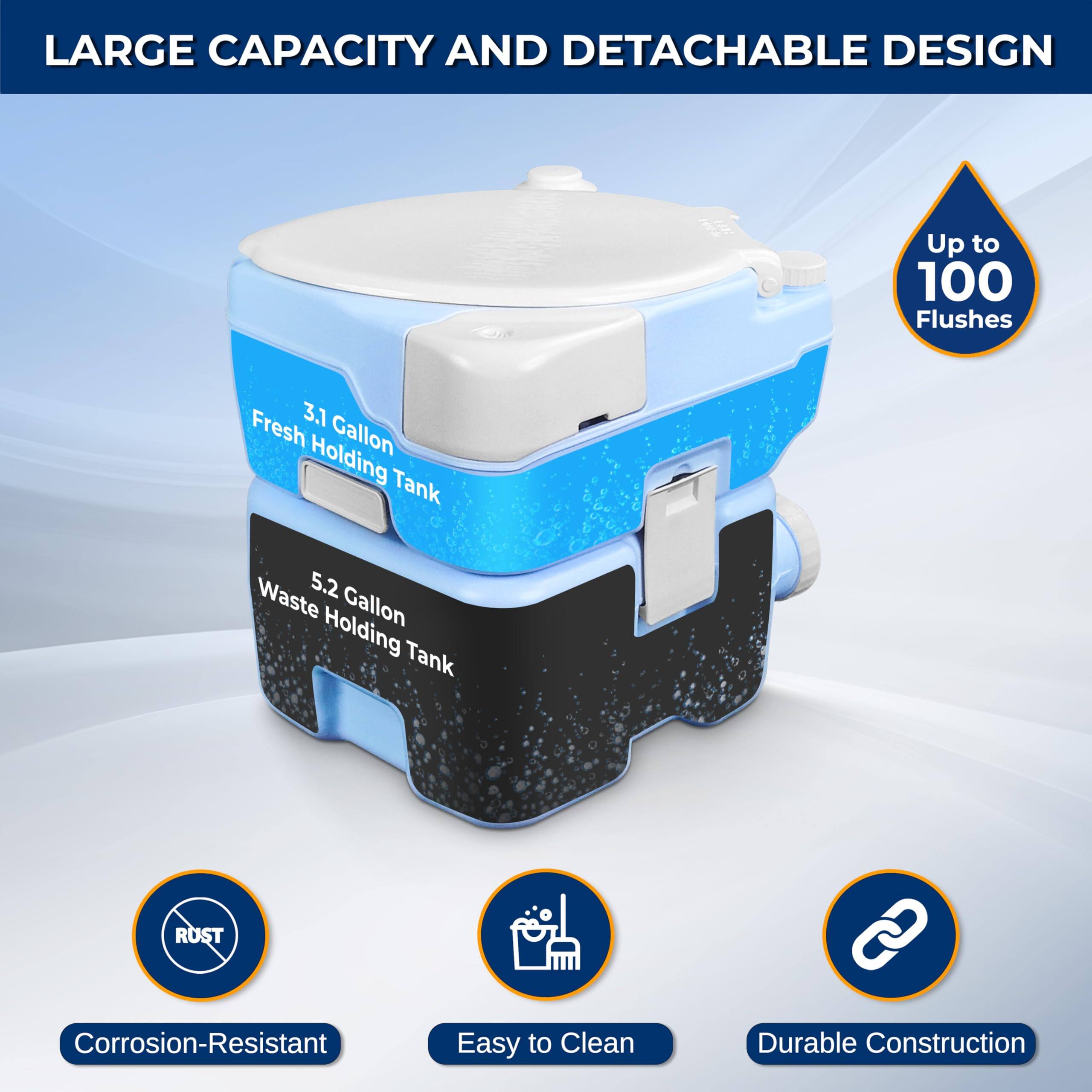 LARGE CAPACITY AND DETACHABLE DESIGN

- Up to 100 Flushes
- Fresh 3.1 Gallon Holding Tank
- Waste 5.2 Gallon Holding Tank
- RUST Corrosion-Resistant
- Easy to Clean
- Durable Construction