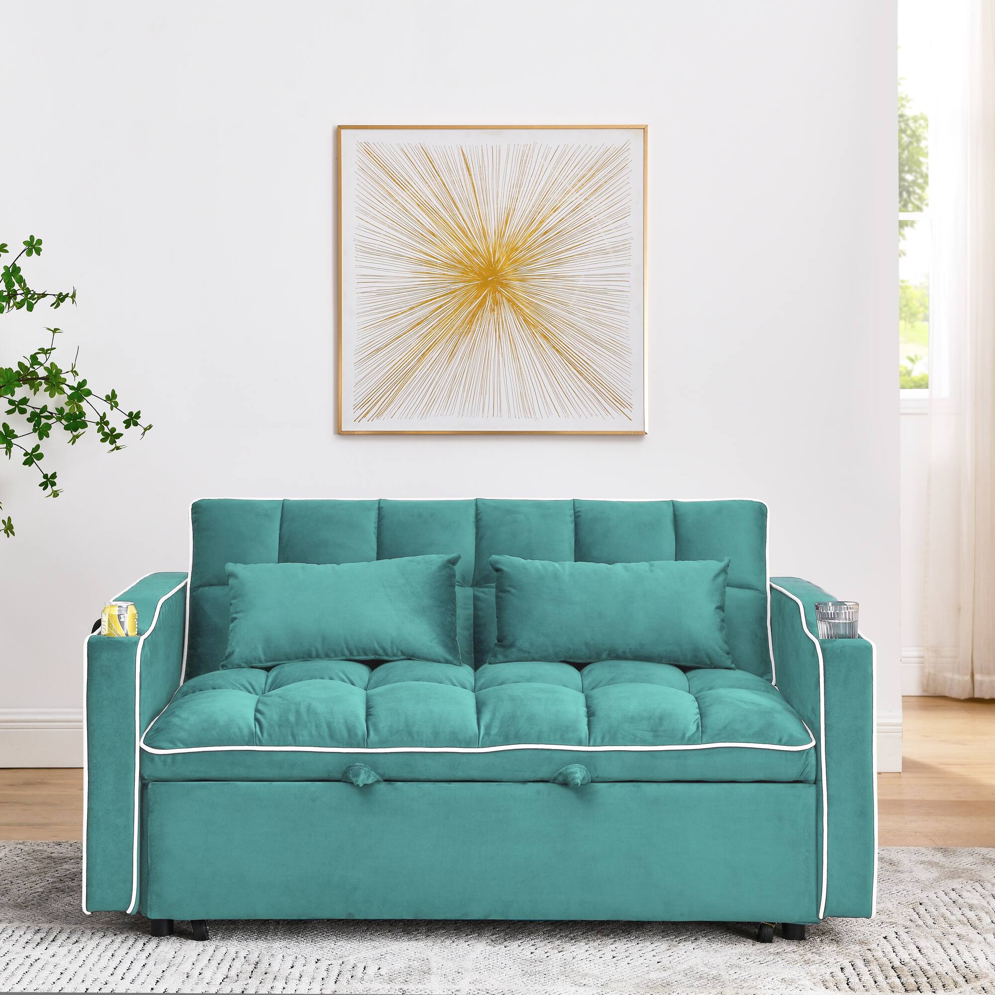 Angle. Tiramisubest - Modern Velvet Versatile Foldable Sofa Bed in 3 Lengths,Adjustable Back w/ USB Port,Ashtray & Swivel Phone Stand (Green) - Antique blue green.