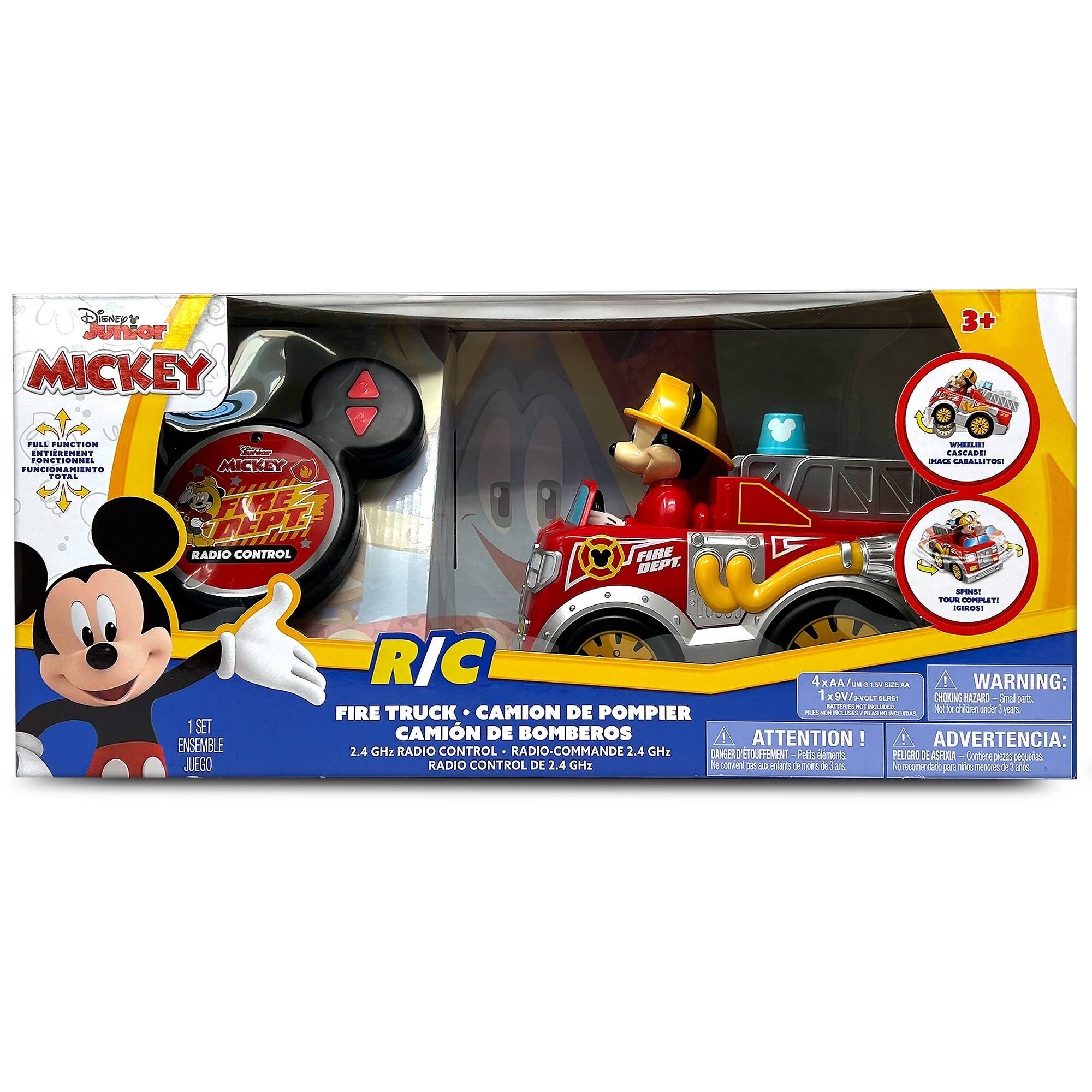 The image features a Mickey Mouse toy fire truck, which is part of the Disney Junior Mickey Mouse Clubhouse series. The fire truck is a radio control toy and comes with a fire truck car and a fire hydrant. The toy is designed for children aged 3 and above and is a fun addition to any child's collection. The toy is packaged in a box, which includes a warning label and instructions for safe play. The Mickey Mouse toy fire truck is a great way for kids to enjoy imaginative play and have fun while learning about the world around them.