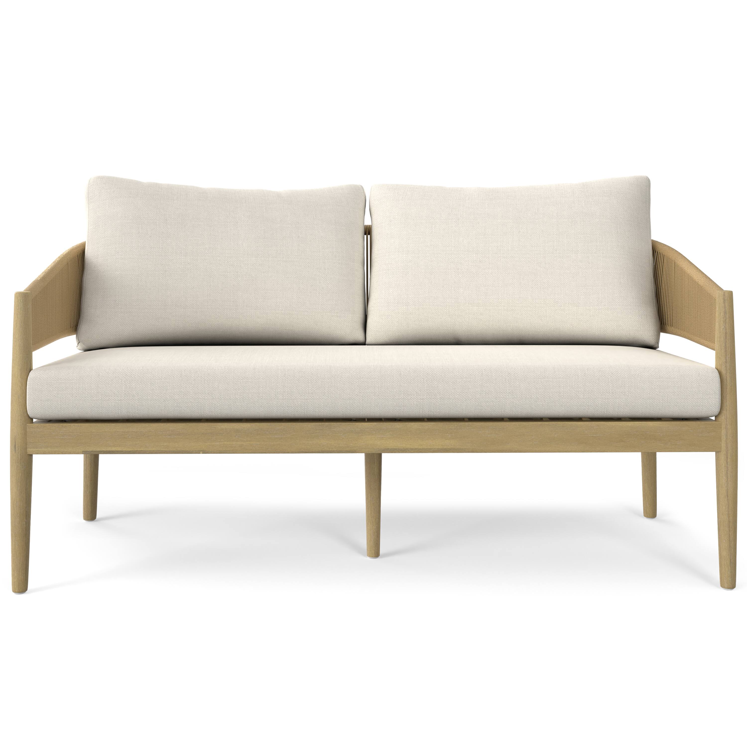 Left. Simpli Home - Bayshore 59 inch Wide Contemporary Outdoor Sofa in Polyester Fabric, Fully Assembled - Natural.