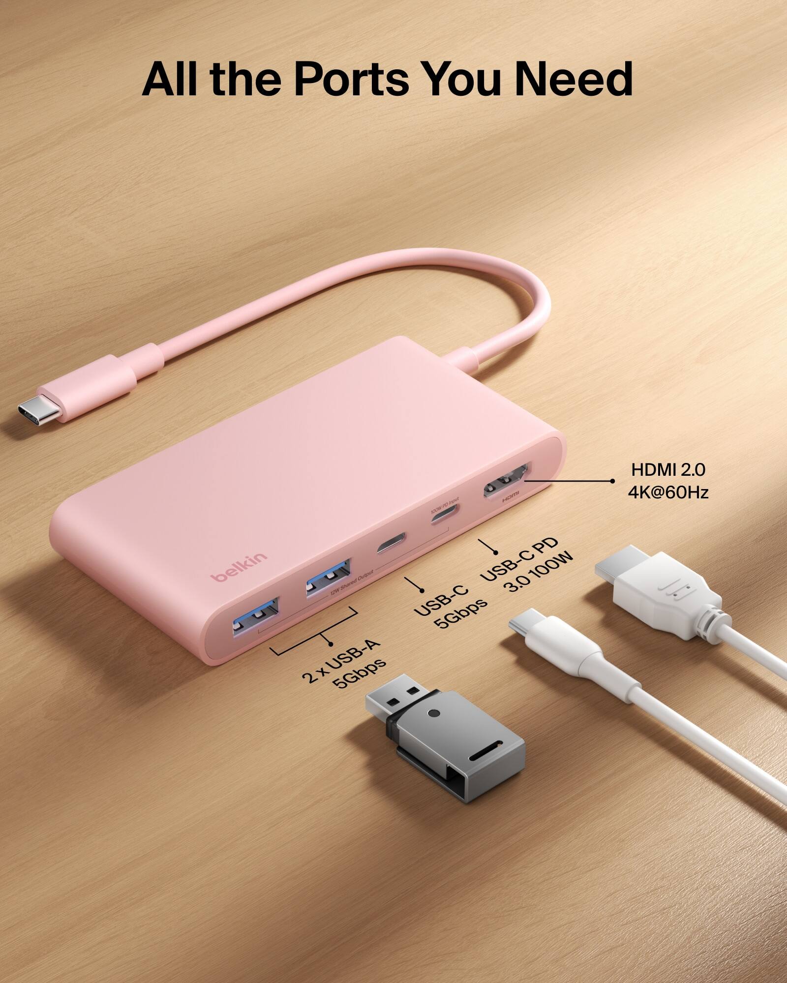 All the Ports You Need

- HDMI 2.0 4K@60Hz
- belkin
- USB-C PD 3.0 100W
- 2 x USB-A 5Gbps
- USB-C 5Gbps