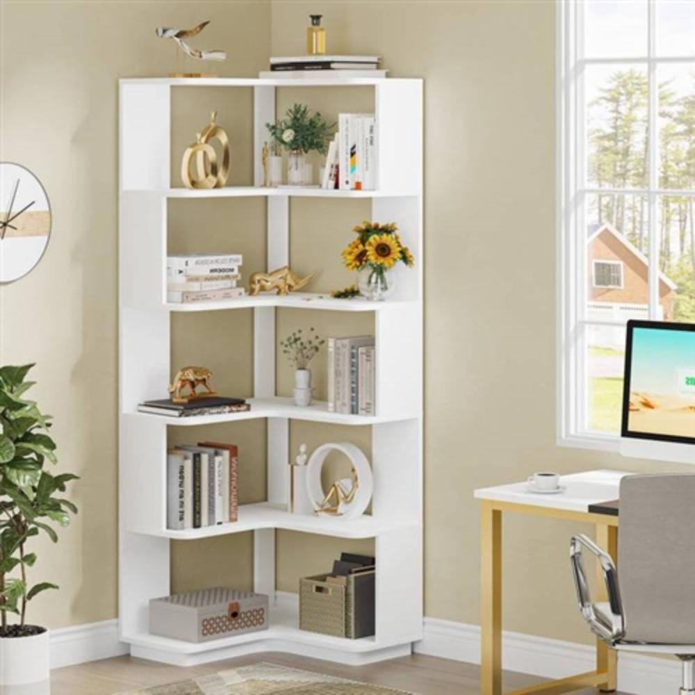 Angle. Hivvago - Multifunctional 6 Shelf Corner L-Shaped Bookcase in White Wood Finish - White.
