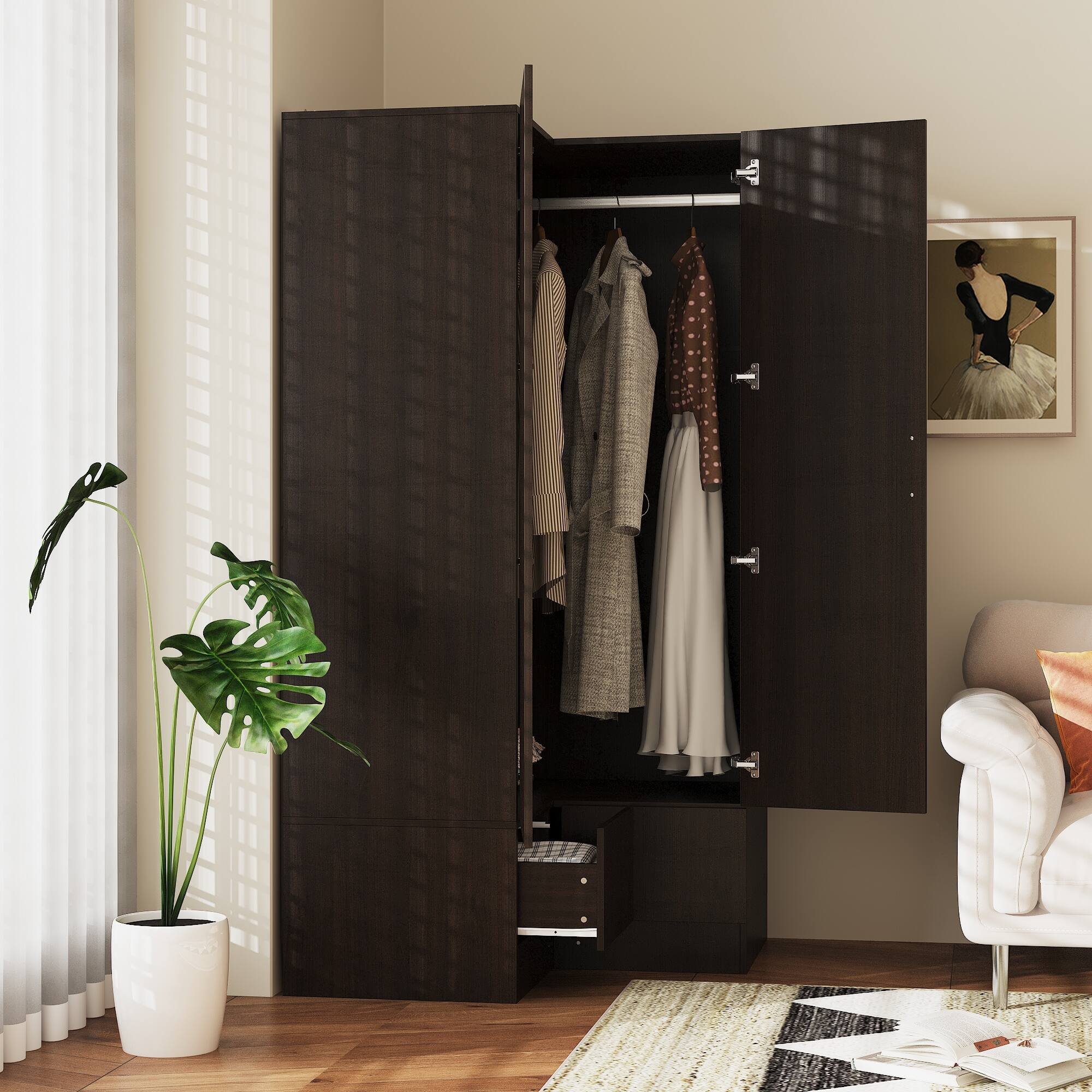 Left. FUFU&GAGA - Corner Wardrobe Closet L Shaped Armoire with Hanging Rod Shelves and Drawers Space Saving Storage for Small Bedroom - Brown.