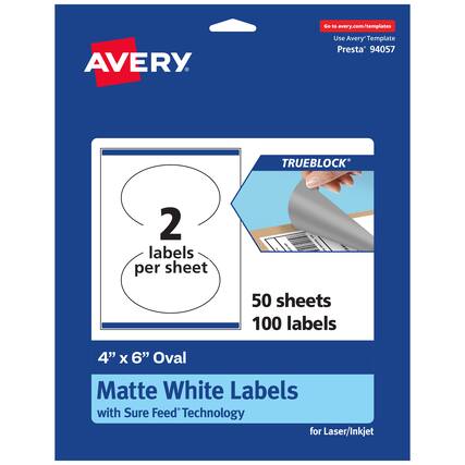 Go to avery.com/templates
AVERY
Use Avery Template Presta® 94057
TRUEBLOCK®
2 labels per sheet
50 sheets 100 labels
4" x 6" Oval Matte White Labels with Sure Feed Technology for Laser/Inkjet