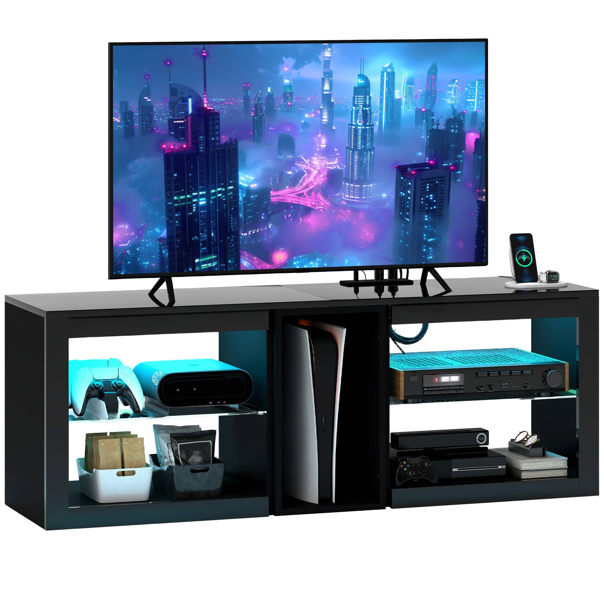 Front. Homcom - Modern TV Stand with LED Lights and Power Outlets for 55 Inch TV, 51" High Gloss Entertainment Center - Black.
