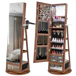 Ecooso - Lockable 360° Swivel Jewelry Cabinet with Full-Length Mirror, LED Lights and Rotating Base