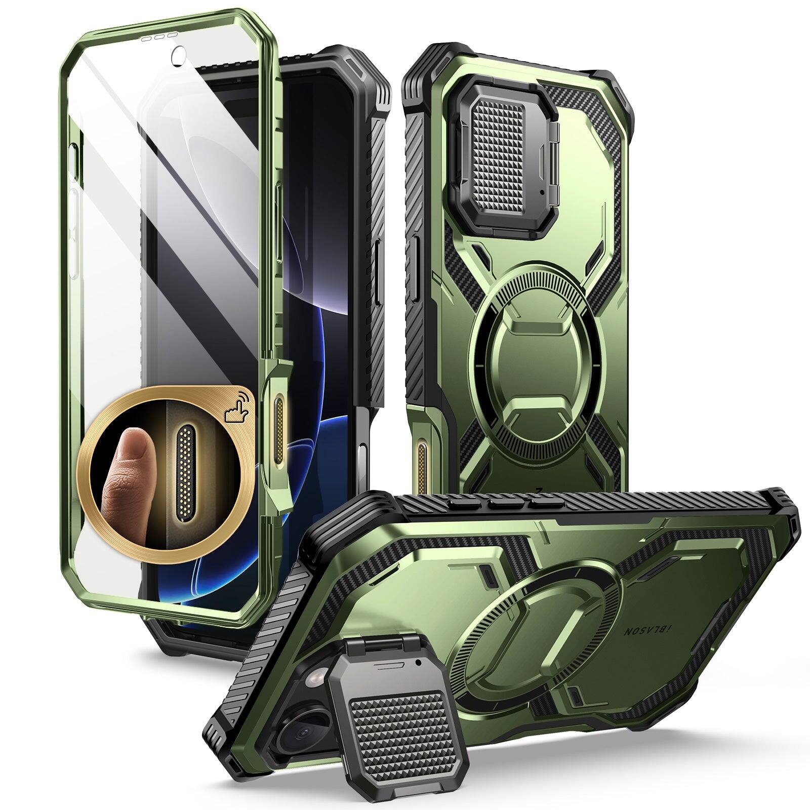 Angle. i-Blason - i-Blason Armorbox Case for iPhone 16 Pro – MagSafe, Kickstand, Screen Protector, Military-Grade - Dark Green.