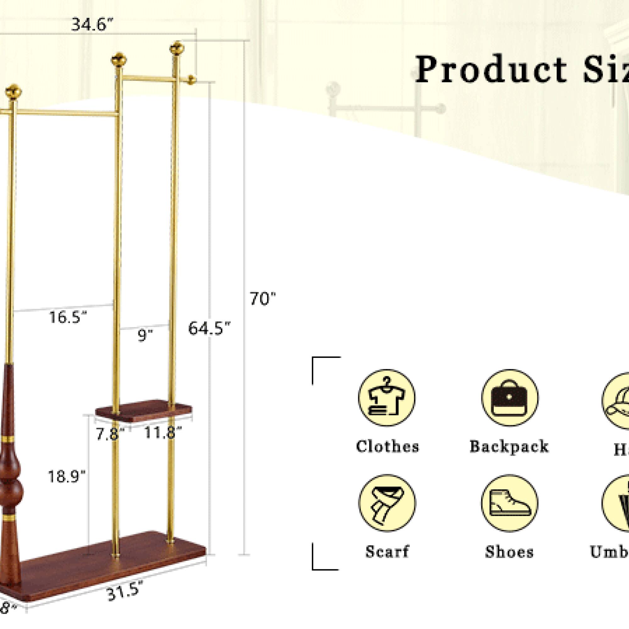 Sure, here is the corrected and grouped text from the image:

---

**Product Size**

- Height: 70"
- Width: 34.6"
- Depth: 31.5"
- Shelf Height: 16.5"
- Shelf Depth: 9"
- Shelf Height: 7.8"
- Shelf Depth: 11.8"
- Shelf Height: 18.9"
- Shelf Depth: 64.5"

**Icons and Labels:**

- Clothes
- Backpack
- Scarf
- Shoes
- Umbrella

---