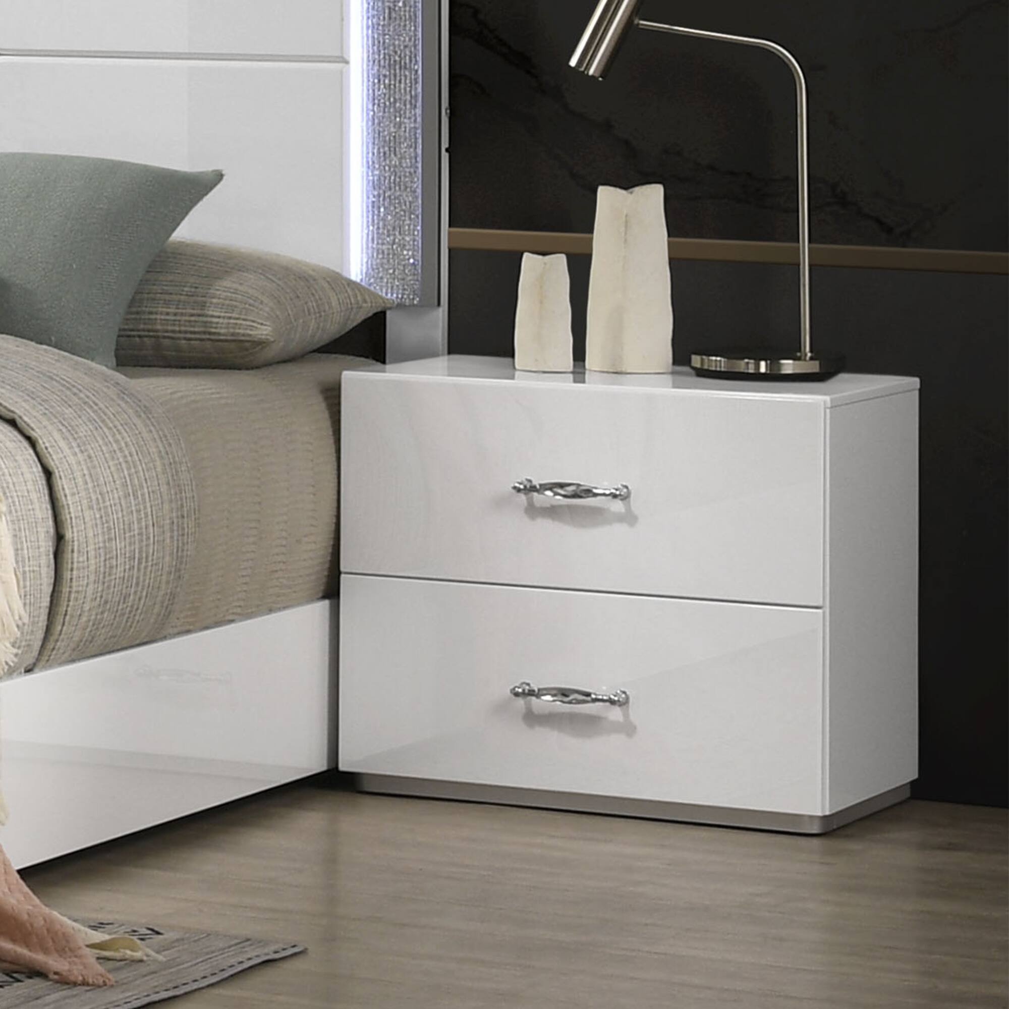Angle. Vaczon - Elegant 2-Drawer Bedroom Chest with Smooth Metal Glides and Acrylic Chrome Pulls - White.
