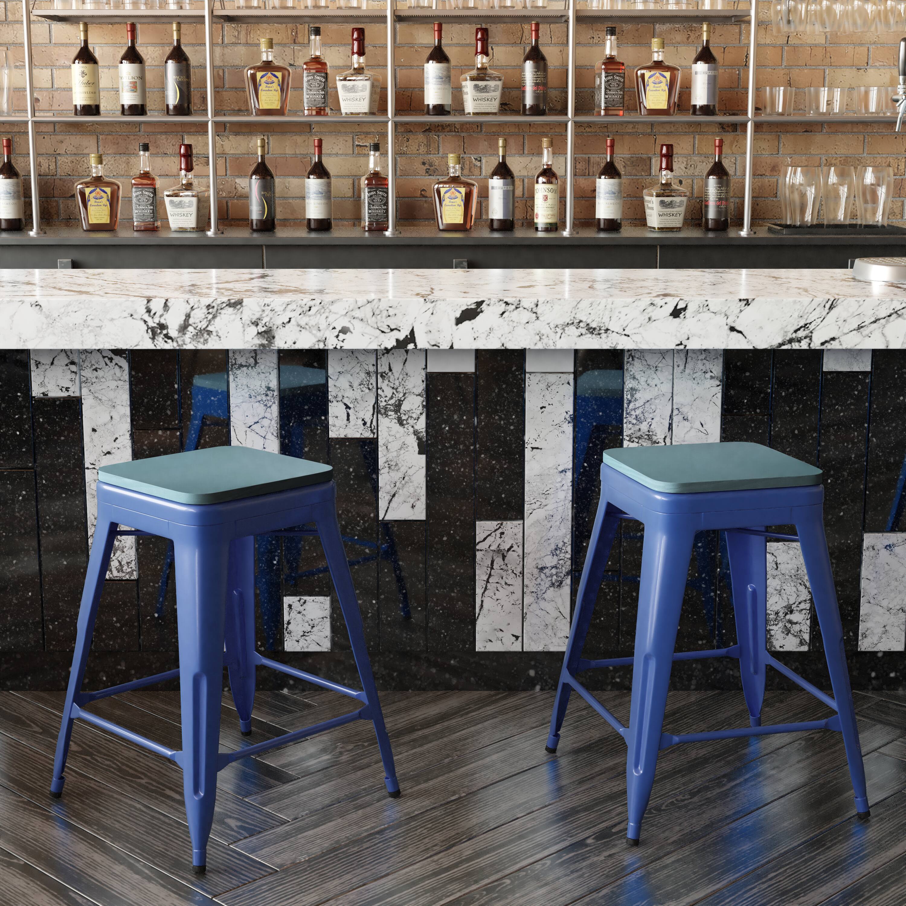Alt View 3. Emma + Oliver - Kam Backless Metal Indoor-Outdoor Stool with All-Weather Polystyrene Seat - Teal-Blue Seat/Blue Frame.