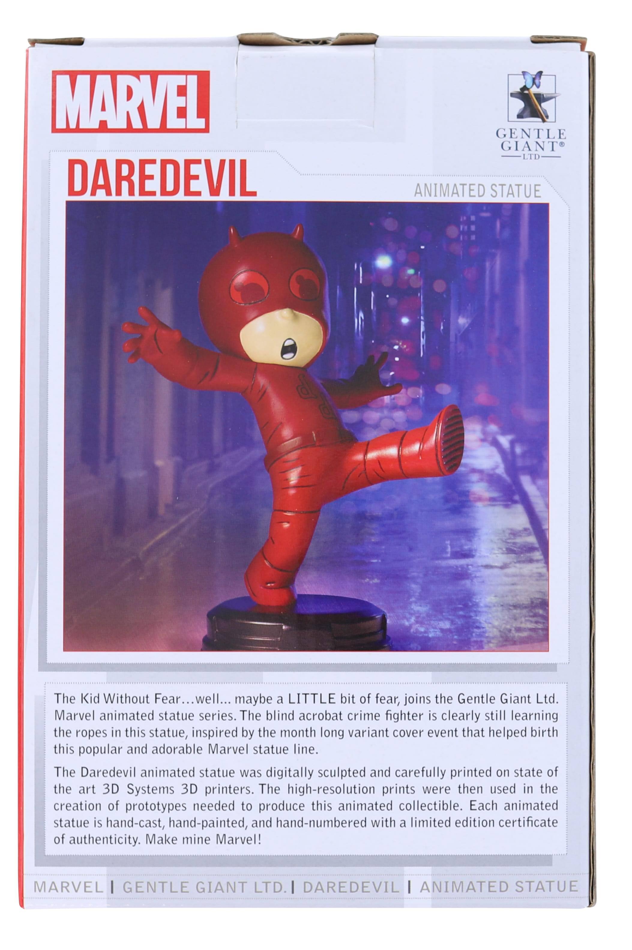 MARVEL DAREDEVIL  
GENTLE GIANT LTD.  
ANIMATED STATUE  

The Kid Without Fear... well... maybe a LITTLE bit of fear, joins the Gentle Giant Ltd. Marvel animated statue series. The blind acrobat crime fighter is clearly still learning the ropes in this statue, inspired by the month long variant cover event that helped birth this popular and adorable Marvel statue line. The Daredevil animated statue was digitally sculpted and carefully printed on state of the art 3D Systems 3D printers. The high-resolution prints were then used in the creation of prototypes needed to produce this animated collectible. Each animated statue is hand-cast, hand-painted, and hand-numbered with a limited edition certificate of authenticity. Make mine Marvel!  

MARVEL | GENTLE GIANT LTD. | DAREDEVIL | ANIMATED STATUE