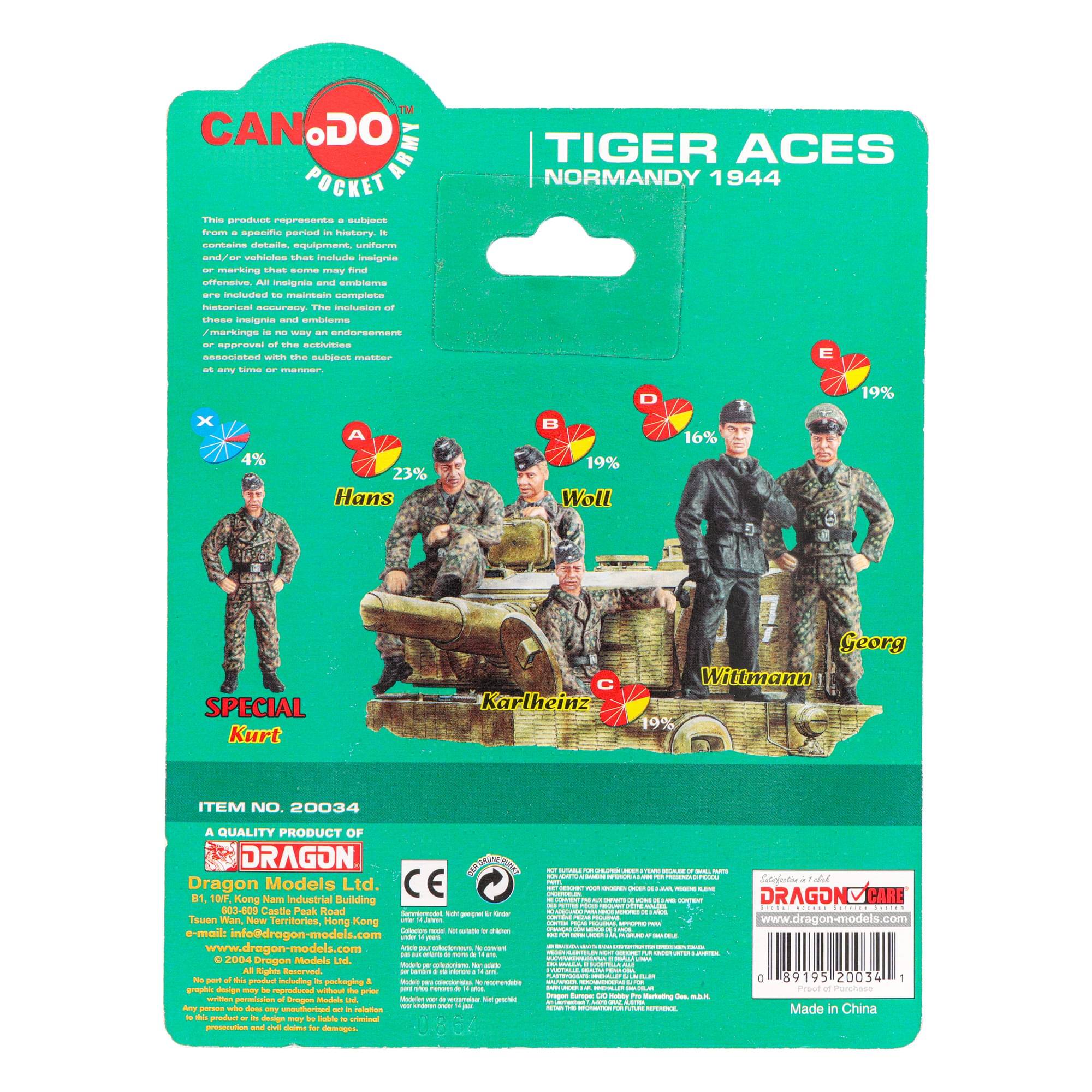 **CAN DO POCKET ARMY**

**TIGER ACES NORMANDY 1944**

This product represents a subject from a specific period in history. It contains details, equipment, uniform and insignia that reflect that history. It is not intended to offend or incite hatred against any group or individual. All insignia and emblems are included to maintain complete accuracy and are not an endorsement of the activities or approval of the activities of the subject matter at any time or manner.

**SPECIAL**
Kurt

**Hans** 4%
**Wolff** 19%
**Karlheinz** 19%
**Georg** 19%
**Wittmann** 23%

**ITEM NO. 20034**

A QUALITY PRODUCT OF
DRAGON Models Ltd.
8110F, Konham Industrial Building
603-609 Castle Peak Road
Tsuen Wan, New Territories, Hong Kong
e-mail: info@dragon-models.com
www.dragon-models.com

© 2004 Dragon Models Ltd.

**DRAGON CARE**
www.dragon-models.com

Made in China

---

**CE**

**Warning: