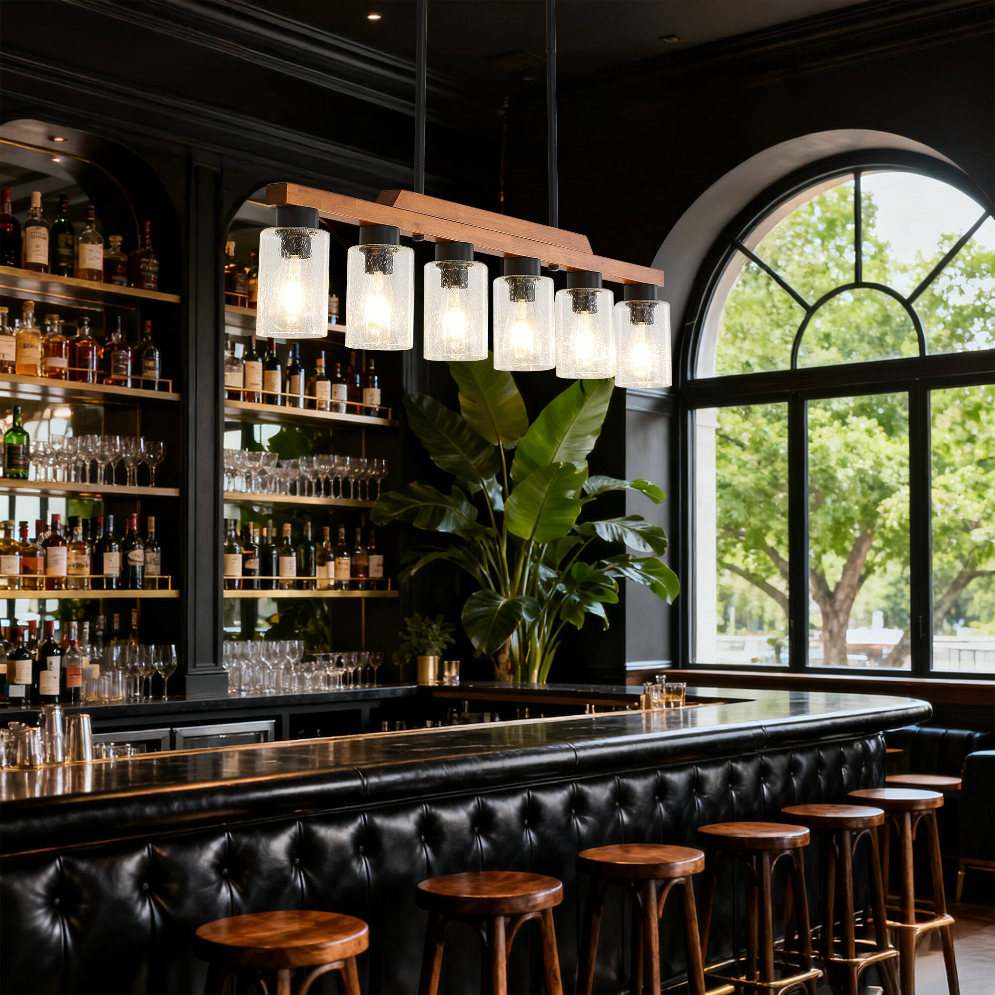 Left. RYHNUYNE - 6-Light Rustic Chandelier 43 Inch Wood Linear Pendant Light with Seed Glass Shades Adjustable Farmhouse Island Lighting.