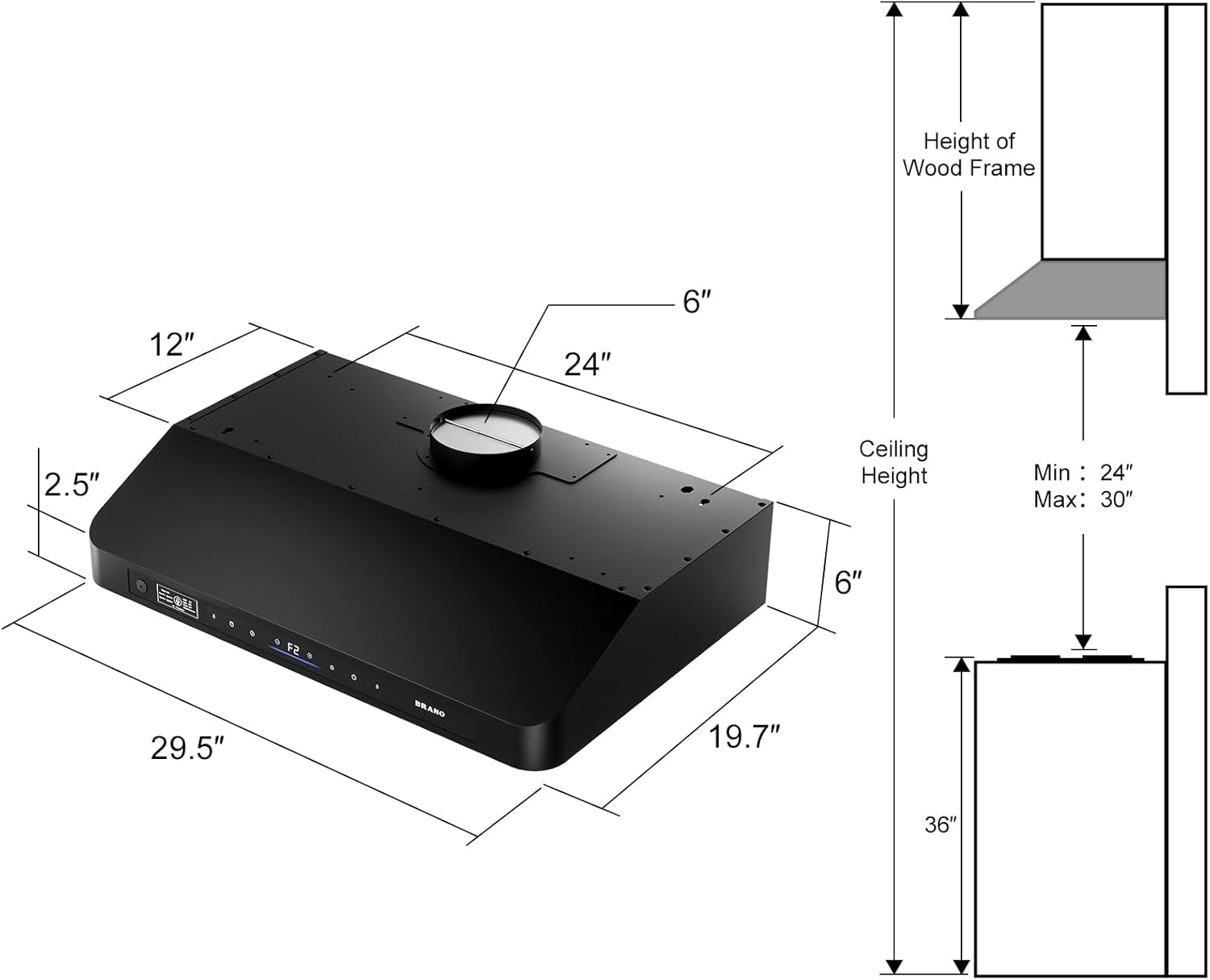 Height of Wood Frame: 12" 24" 6" 2.5"  
Ceiling Height: Min: 24" Max: 30"  
- 29.5"  
- 19.7"  
- 36"