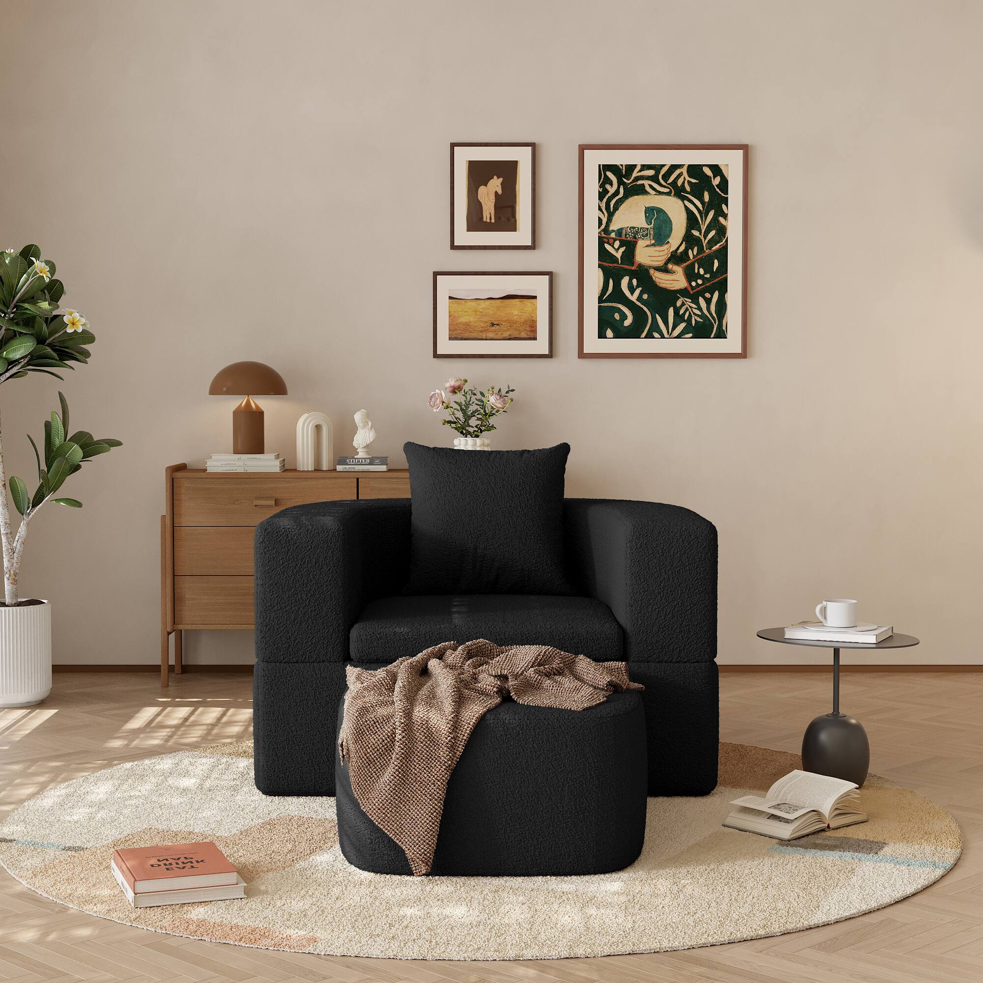 Alt View 8. Yardgrace - Boneless Sofa Chair Lounge Chair for Living Room, Modern Convertible Upholstered Sofa, Comfy Sherpa Leisure Couch - BLACK.