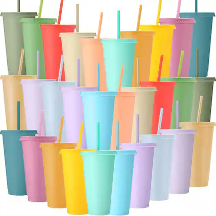 Front. PARKER SLATER - 30-pack 24–27oz pastel reusable plastic tumblers with lids and straws, perfect for parties, birthdays, iced drinks. - Pastel.