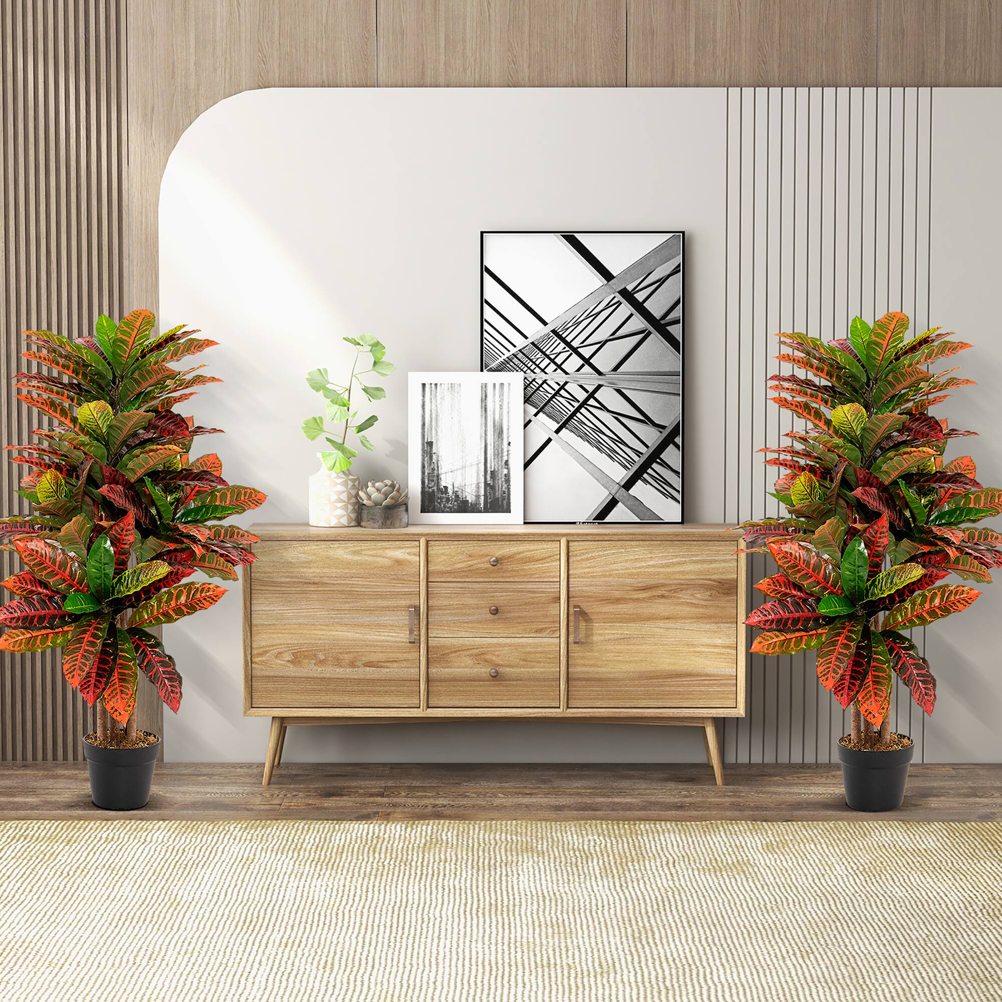 Alt View 3. Gymax - Gymax 40'' Tall Artificial Croton Plant w/ Colorful Variegated Leaves & Natural Wood Trunks - Green, Red, Yellow, Black.