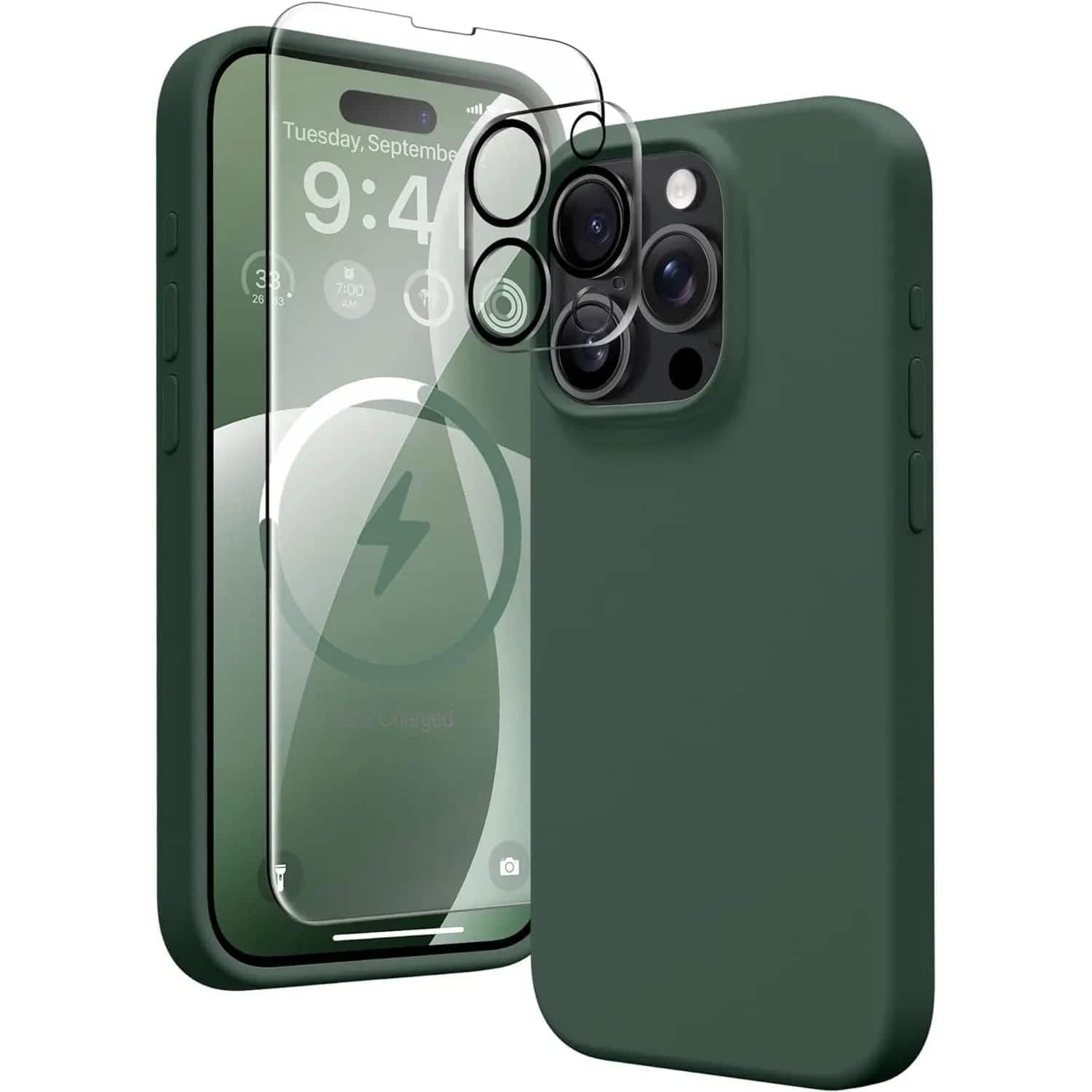 Bundle - Entronix - for iPhone 15 Pro - Silicone Case, Screen Protector & Camera Lens Protector - Green