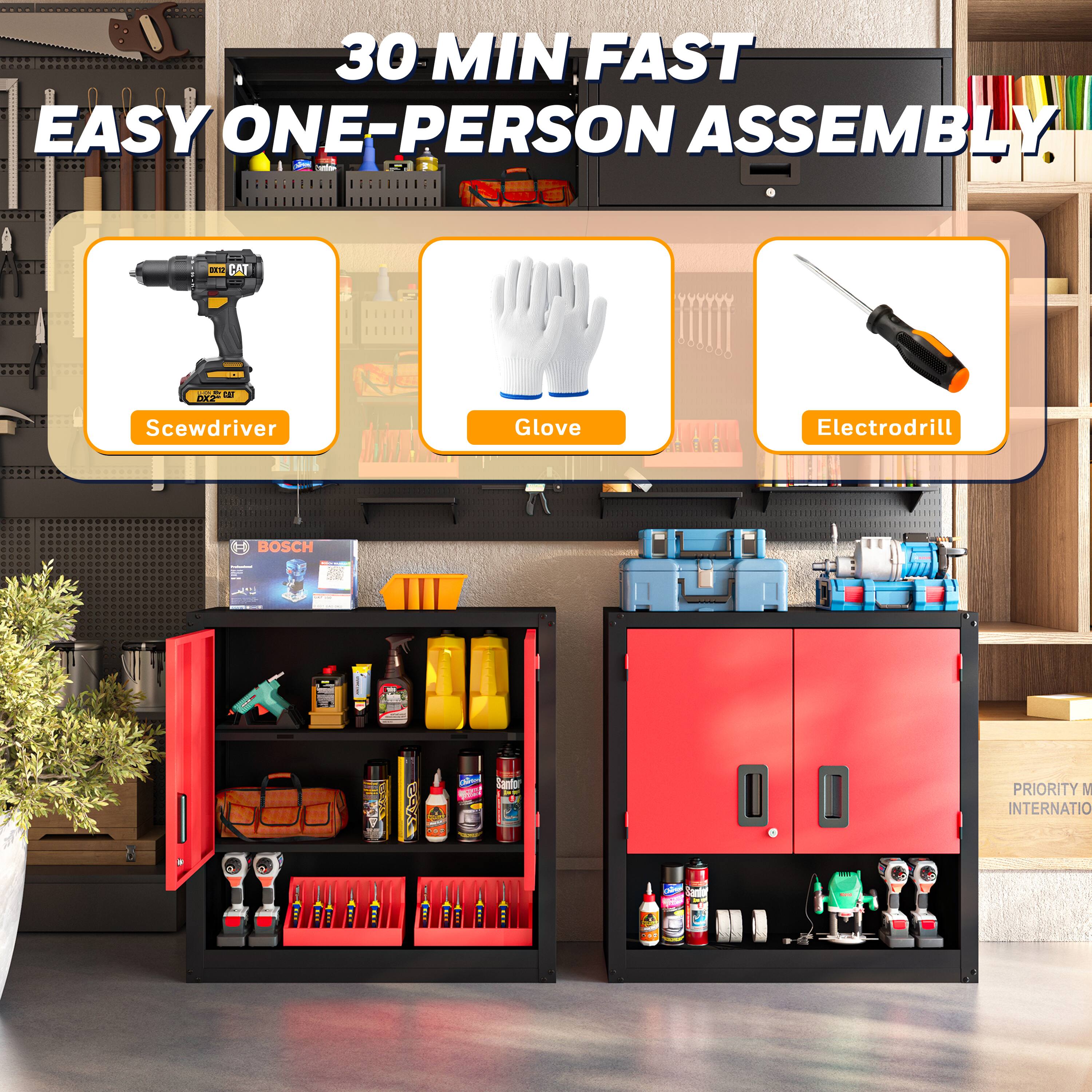 30 MIN FAST EASY ONE-PERSON ASSEMBLY

Screwdriver  
Glove  
Electrodrill